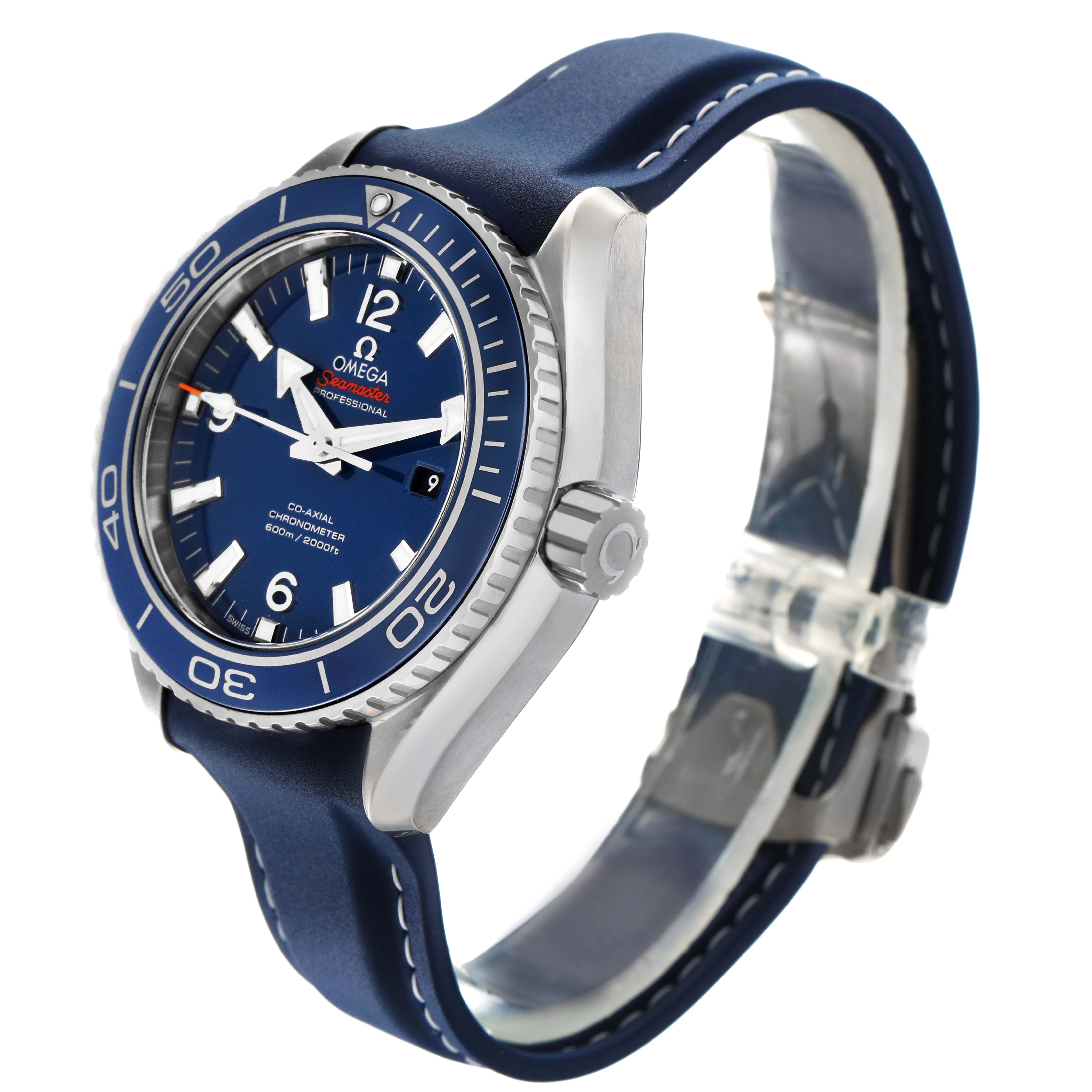 The Omega Planet Ocean 232.92.38.20.03.001 Men's Titanium Blue Dial watch is shown from a three-quarter angle, featuring the bezel, crown, dial, and strap.