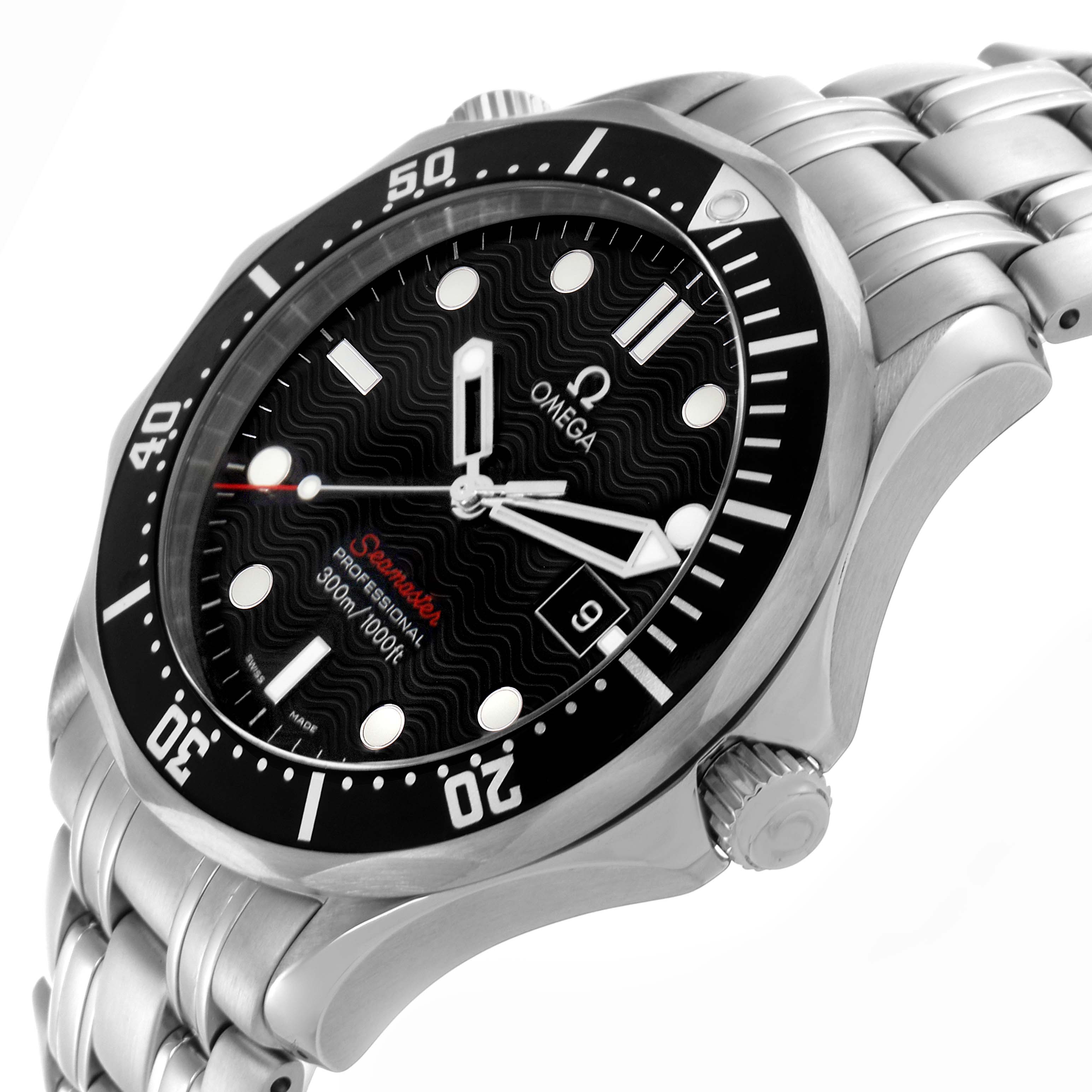 The Omega Seamaster 212.30.41.61.01.001 Men
s Stainless Steel Black Dial 212.30.41.61.01.001 Men
s Stainless Steel Black Dial watch is shown at an angle highlighting the dial, bezel, crown, and part of the bracelet.