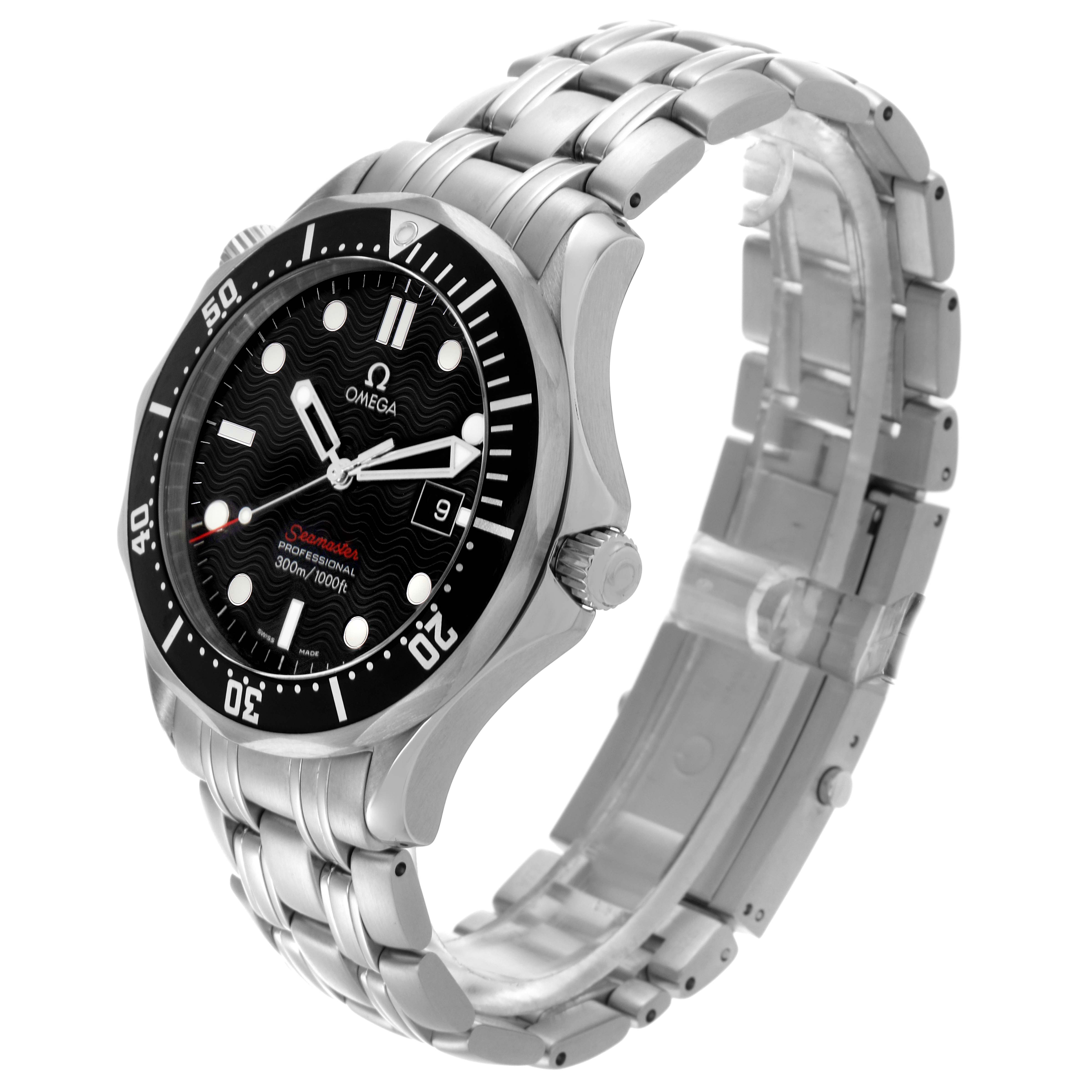 The Omega Seamaster 212.30.41.61.01.001 Men
s Stainless Steel Black Dial 212.30.41.61.01.001 Men
s Stainless Steel Black Dial watch is shown from a side angle, displaying the face, bezel, crown, and stainless steel bracelet.