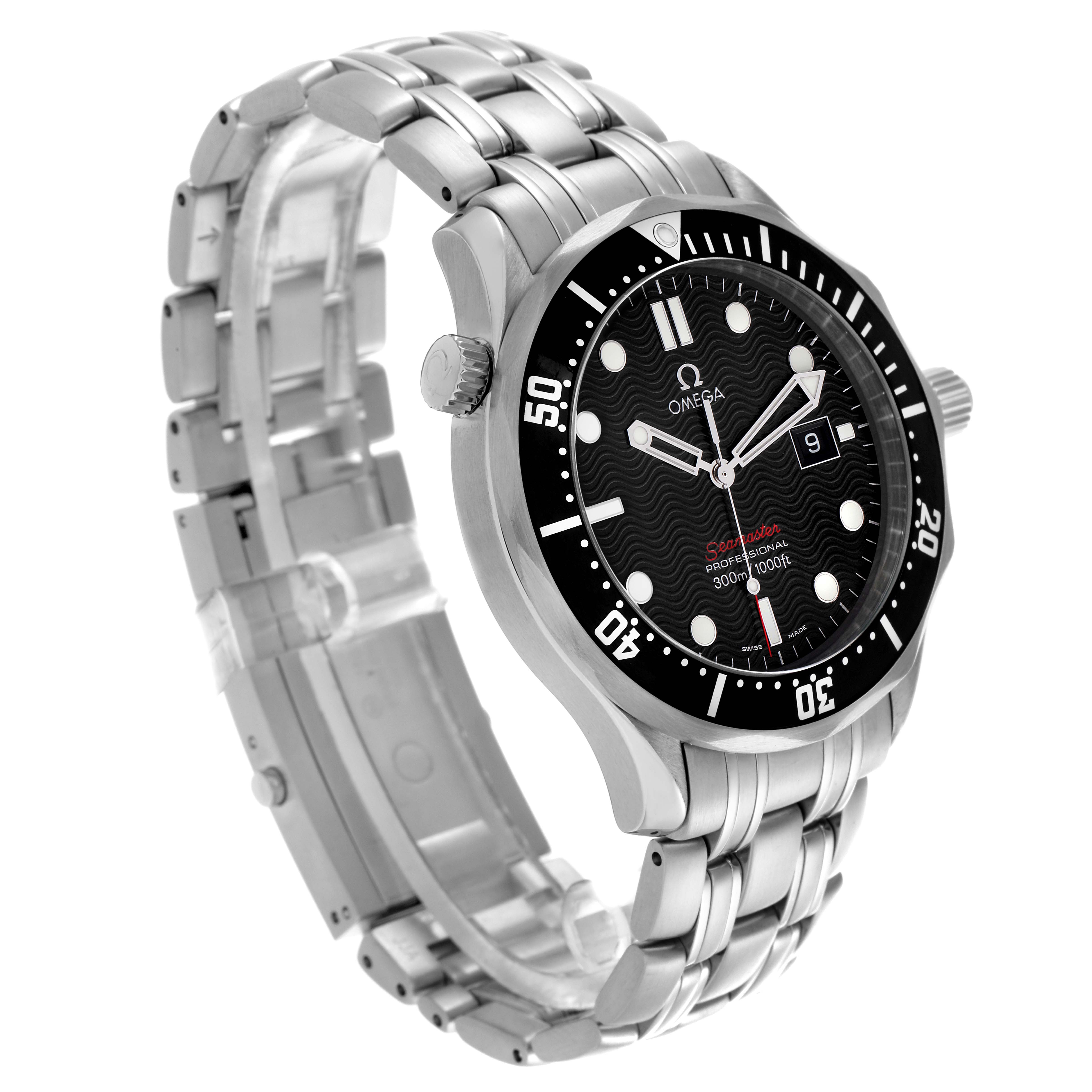 The Omega Seamaster 212.30.41.61.01.001 Men
s Stainless Steel Black Dial 212.30.41.61.01.001 Men
s Stainless Steel Black Dial watch is shown at a three-quarter angle, highlighting the face, bezel, crown, and bracelet.