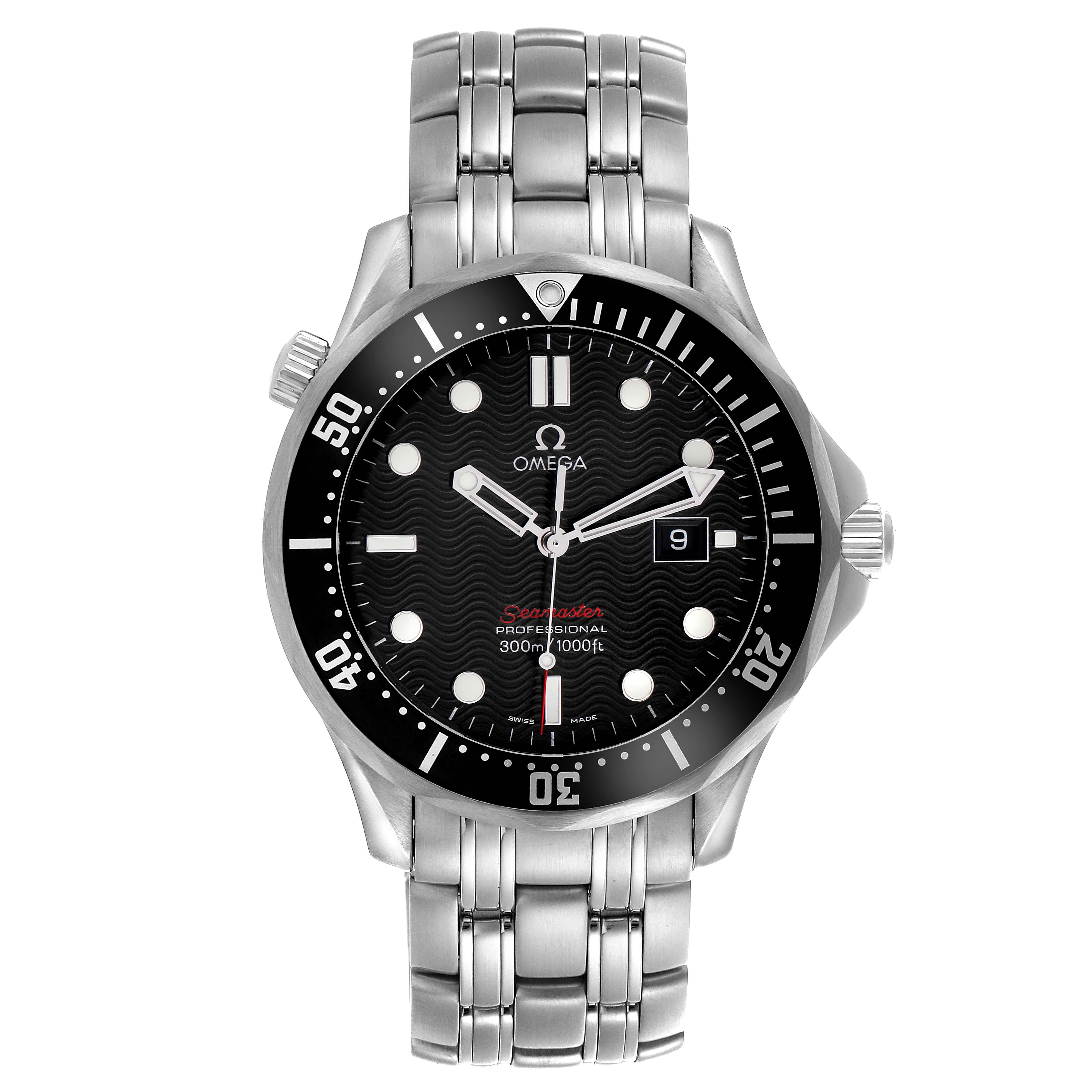 The Omega Seamaster 212.30.41.61.01.001 Men
s Stainless Steel Black Dial 212.30.41.61.01.001 Men
s Stainless Steel Black Dial watch is shown from the front, displaying its dial, bezel, crown, and stainless steel bracelet.