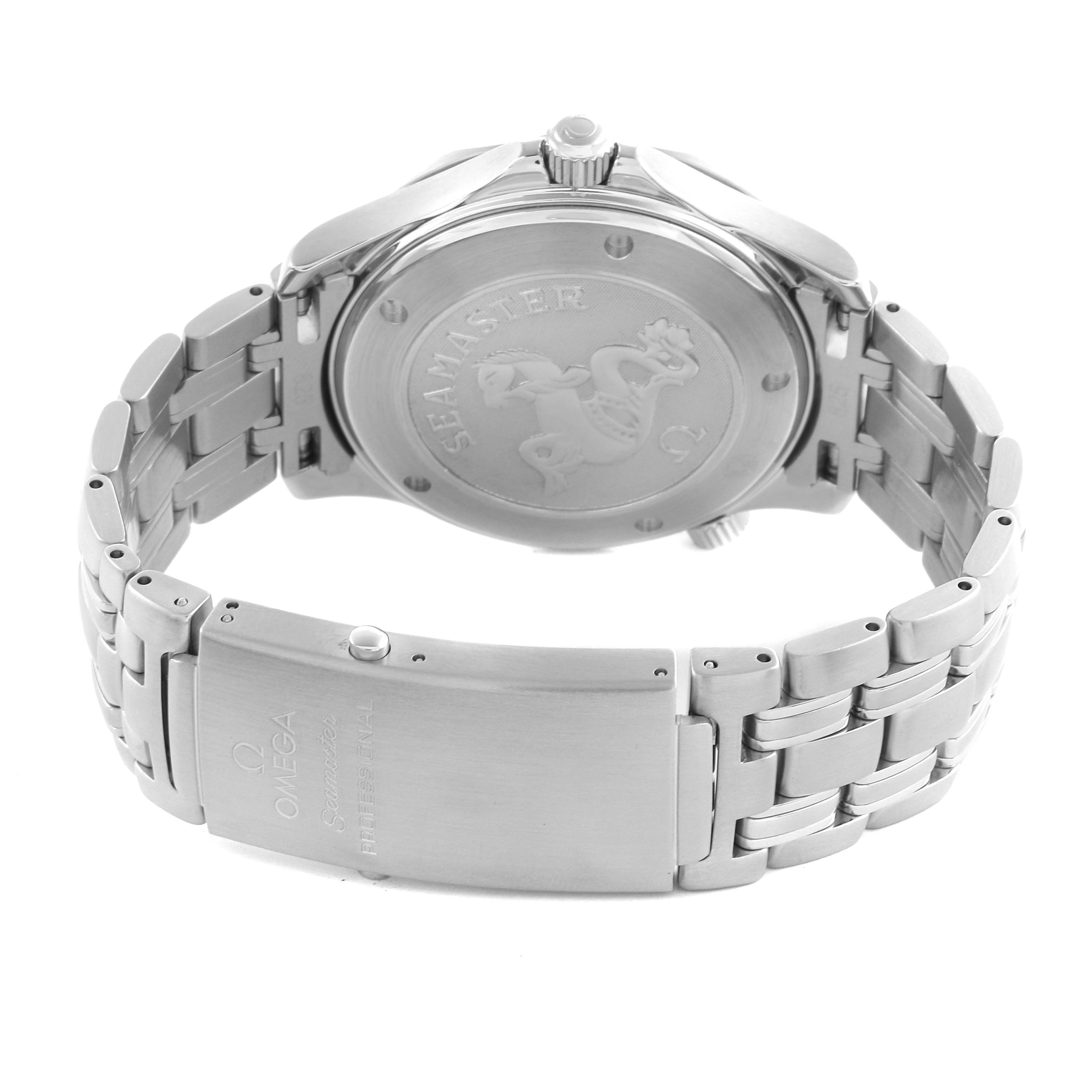 The image shows the back case and stainless steel bracelet of the Omega Seamaster 212.30.41.61.01.001 Men
s Stainless Steel Black Dial 212.30.41.61.01.001 Men
s Stainless Steel Black Dial watch, angled to highlight the clasp and engravings.