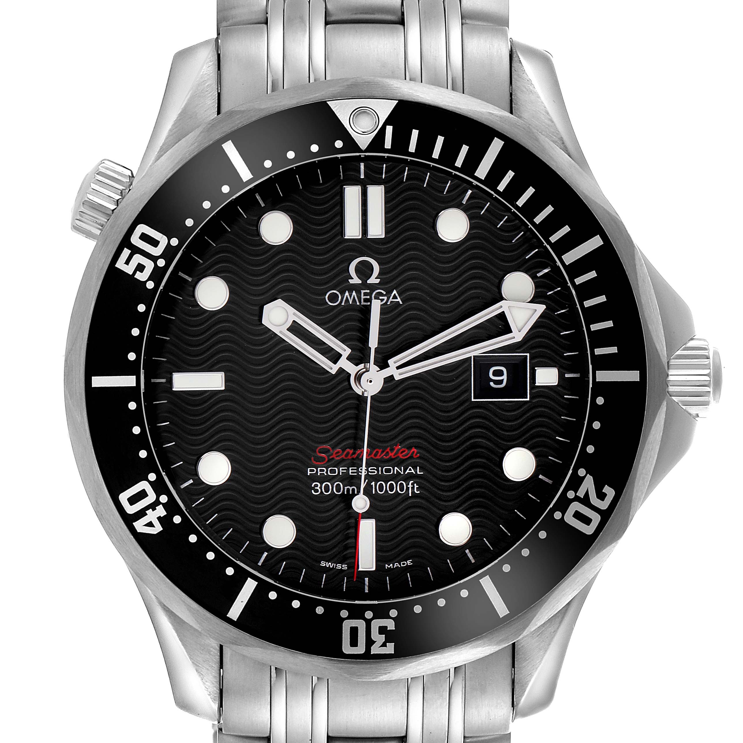 The Omega Seamaster 212.30.41.61.01.001 Men
s Stainless Steel Black Dial 212.30.41.61.01.001 Men
s Stainless Steel Black Dial watch is shown from a front angle, displaying the dial, bezel, and stainless steel bracelet.