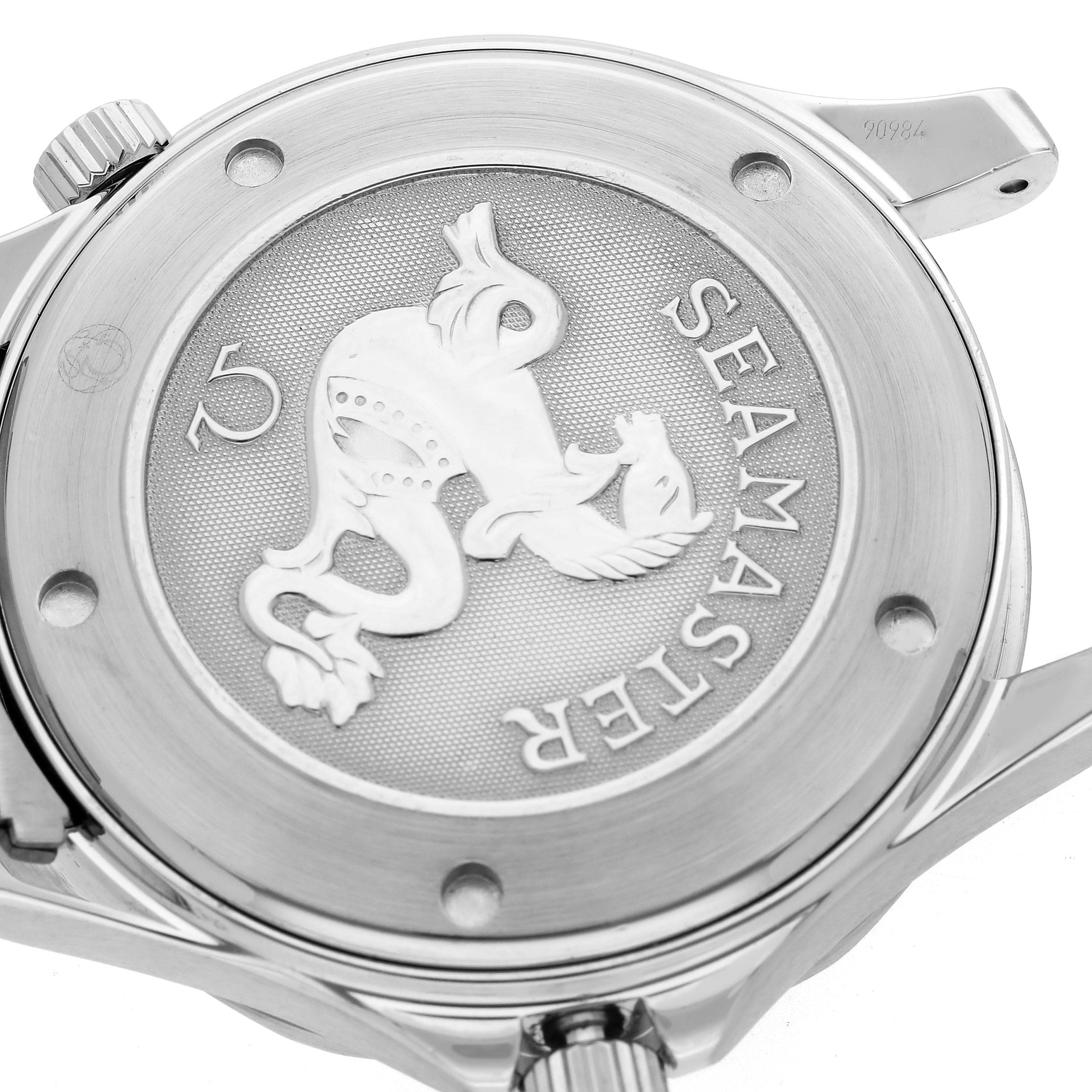 The image shows the case back of an Omega Seamaster 212.30.41.61.01.001 Men
s Stainless Steel Black Dial 212.30.41.61.01.001 Men
s Stainless Steel Black Dial, highlighting its engraved design and branding.