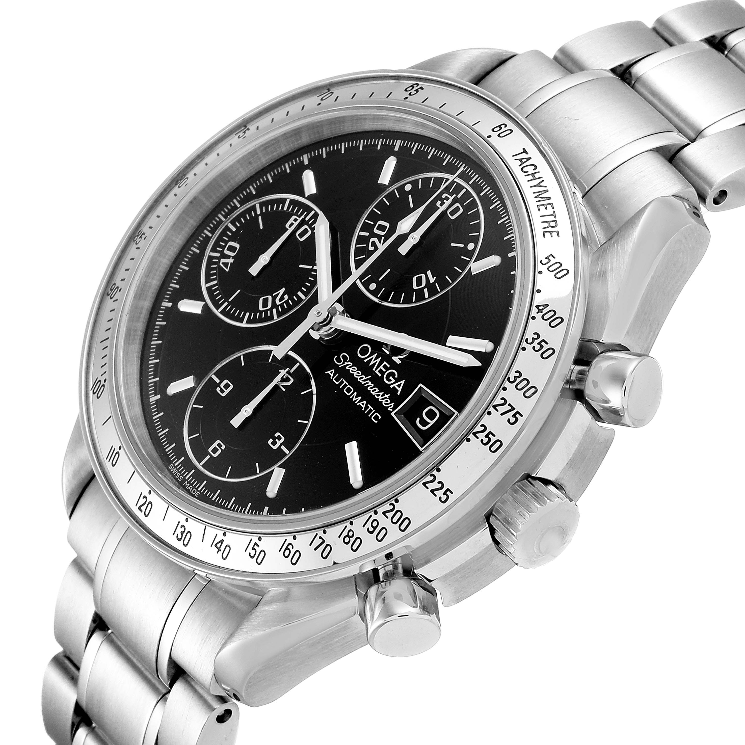 The image shows an angled view of the Omega Speedmaster 3513.50.00 Men
s Stainless Steel Black Dial 3513.50.00 Men
s Stainless Steel Black Dial watch, highlighting its face, bezel, crown, and stainless steel bracelet.