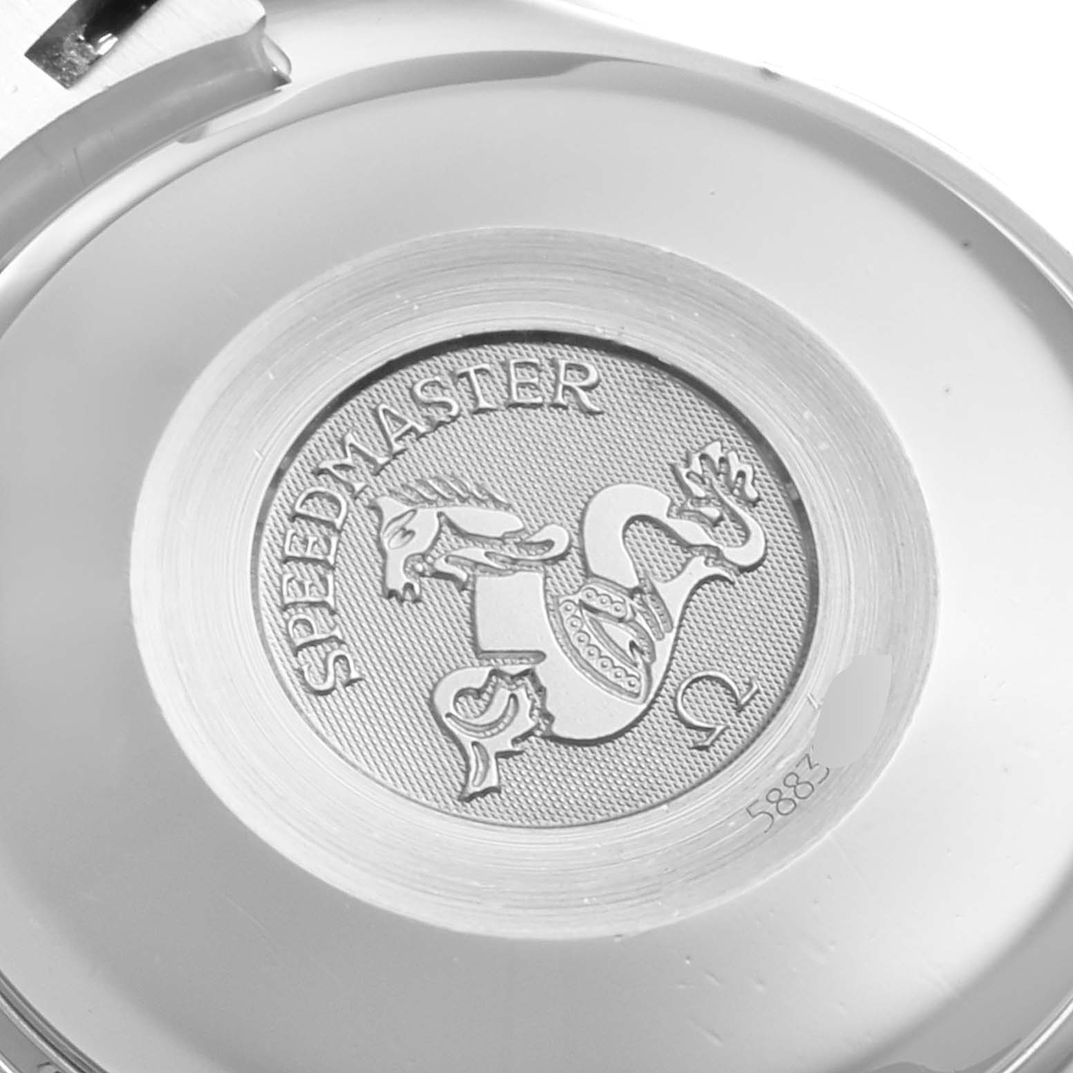 This is a close-up of the case back of an Omega Speedmaster 3513.50.00 Men
s Stainless Steel Black Dial 3513.50.00 Men
s Stainless Steel Black Dial, showcasing the engraved emblem and model name.