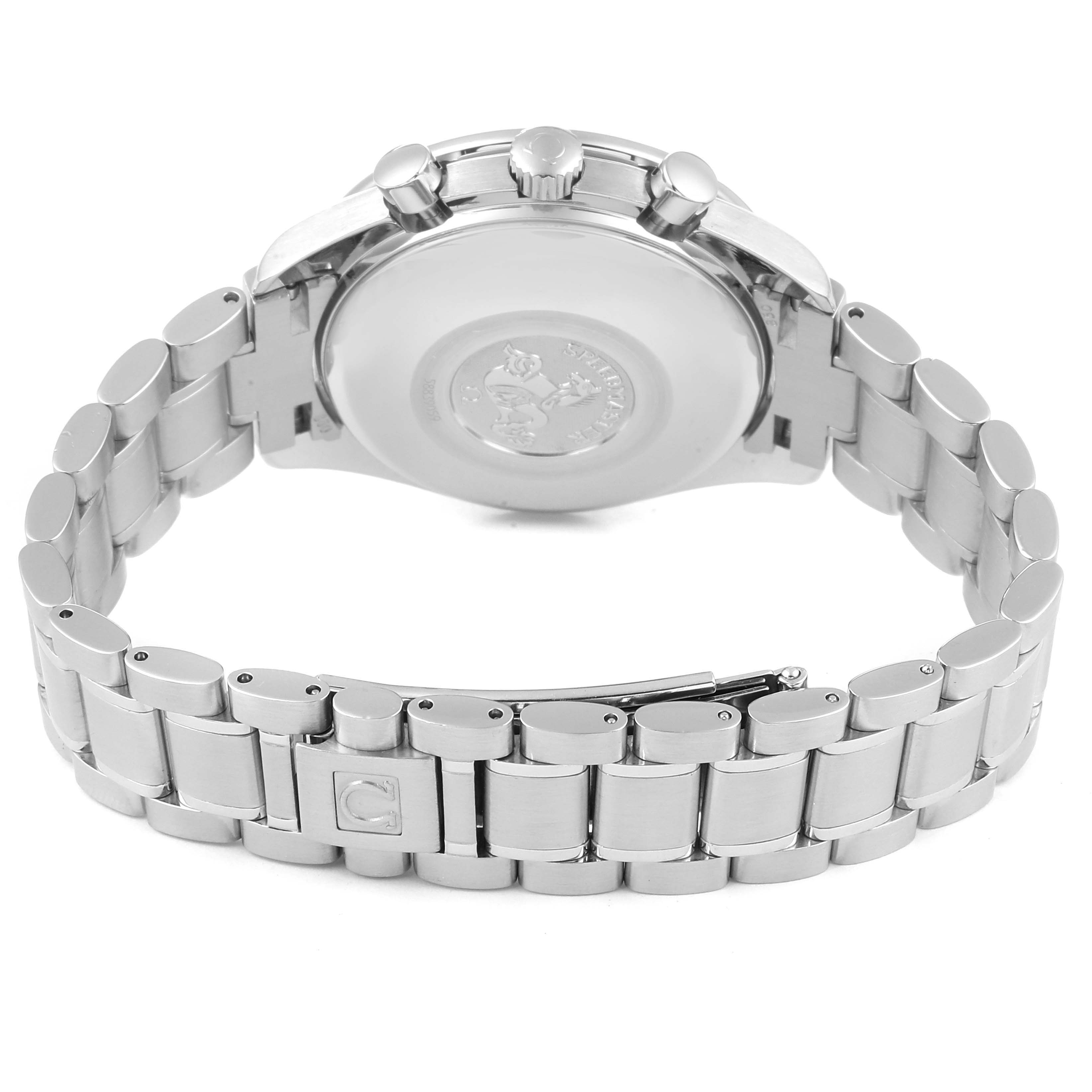 The image shows the back and bracelet of an Omega Speedmaster 3513.50.00 Men
s Stainless Steel Black Dial 3513.50.00 Men
s Stainless Steel Black Dial watch from a rear angle.