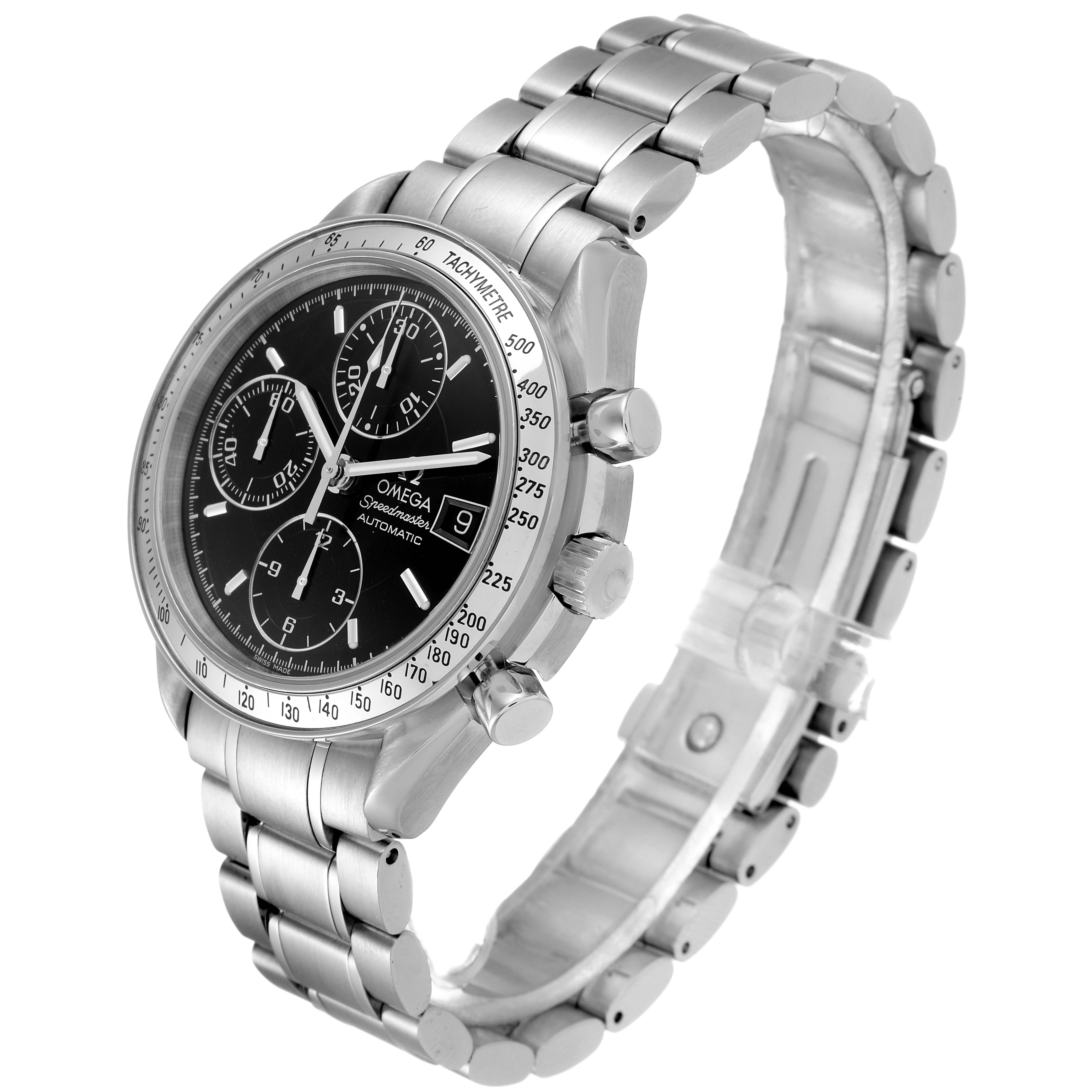 This is a side-angle view of the Omega Speedmaster 3513.50.00 Men
s Stainless Steel Black Dial 3513.50.00 Men
s Stainless Steel Black Dial featuring its stainless steel bracelet, bezel, and face with chronograph dials.