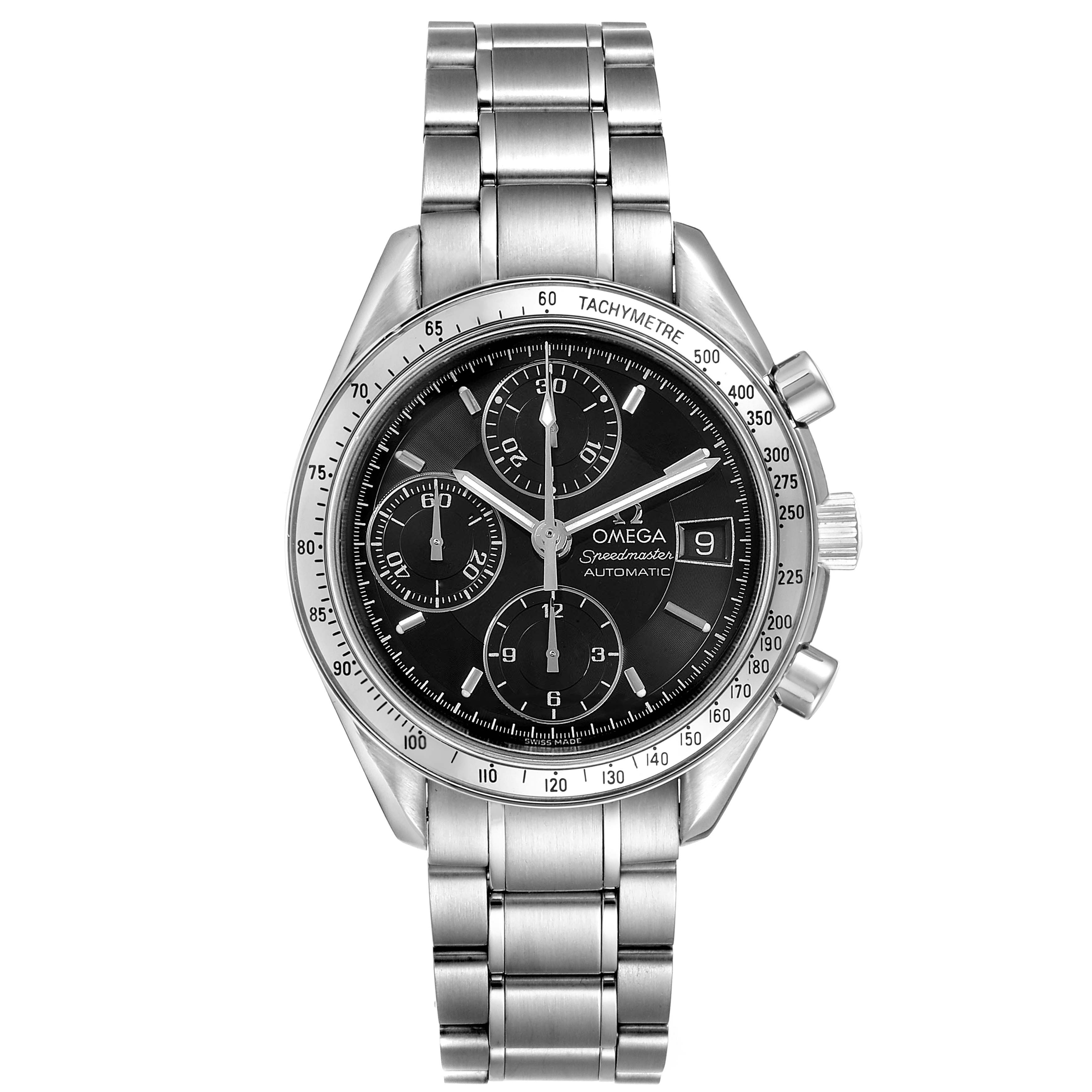 The Omega Speedmaster 3513.50.00 Men
s Stainless Steel Black Dial 3513.50.00 Men
s Stainless Steel Black Dial watch is shown from the front, displaying its face, stainless steel band, and chronograph sub-dials.