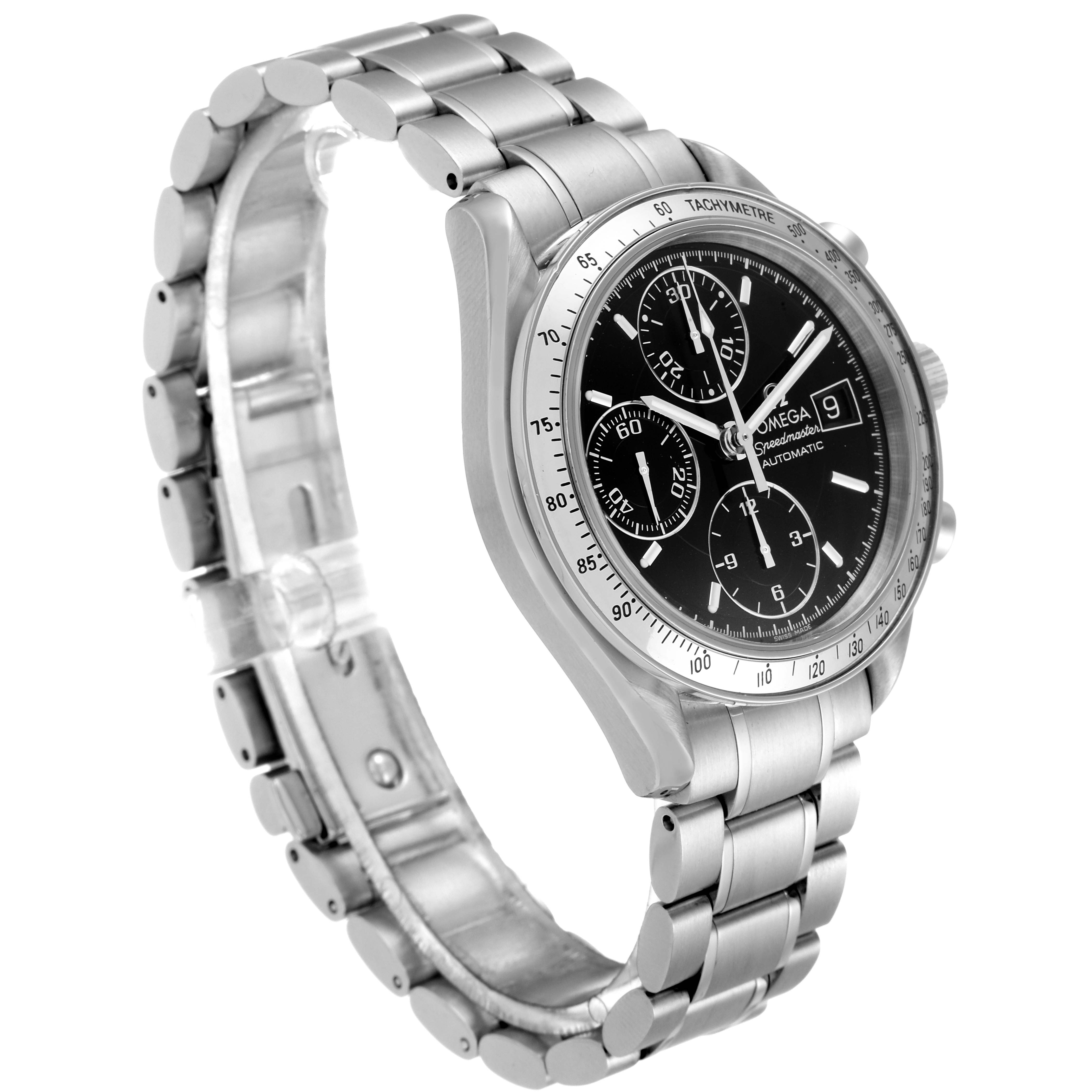 The image shows an Omega Speedmaster 3513.50.00 Men
s Stainless Steel Black Dial 3513.50.00 Men
s Stainless Steel Black Dial watch at a side angle, highlighting the face, bezel, and metal bracelet.