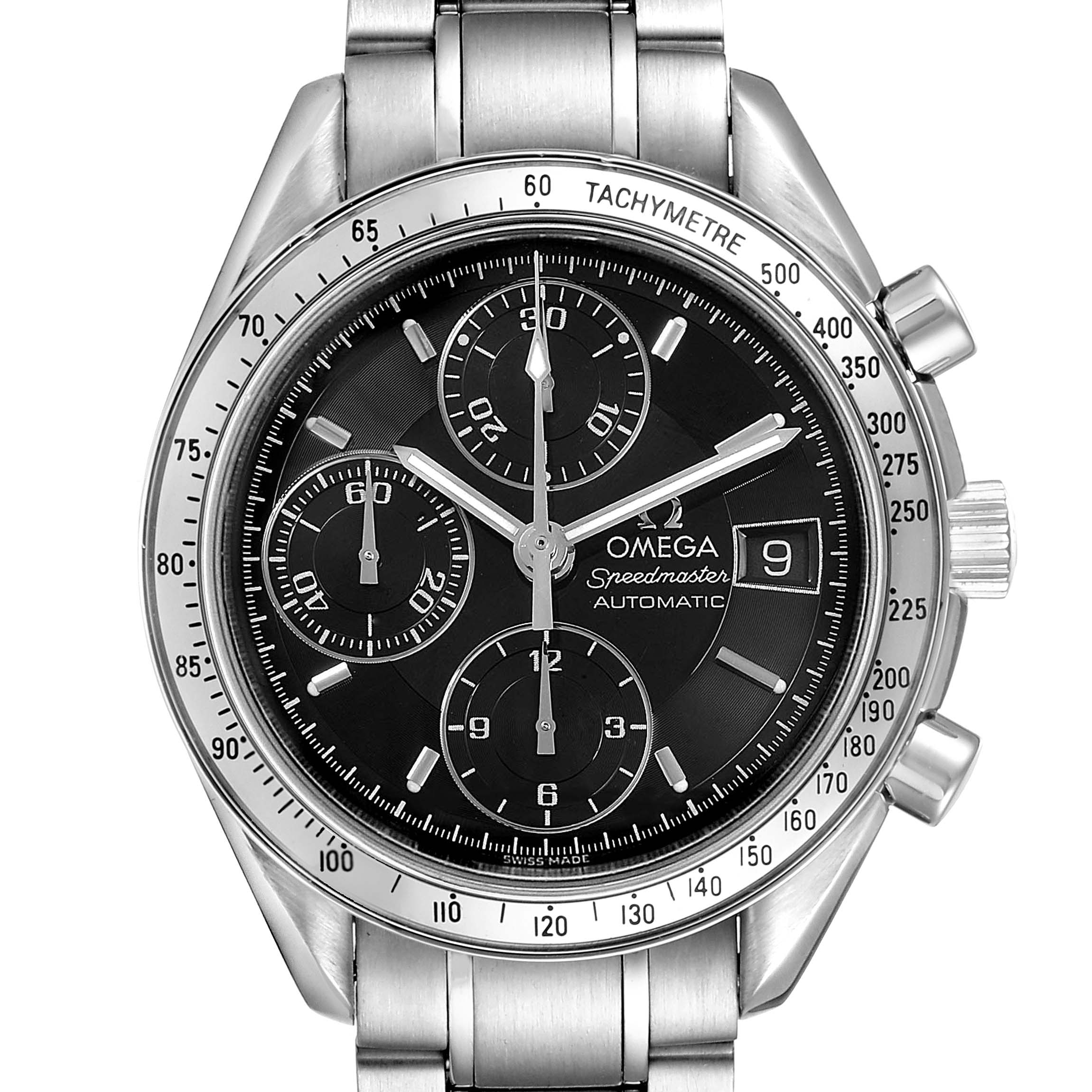 This Omega Speedmaster 3513.50.00 Men
s Stainless Steel Black Dial 3513.50.00 Men
s Stainless Steel Black Dial watch is shown from a straight-on angle, displaying the dial, chronograph subdials, tachymeter bezel, and date window.