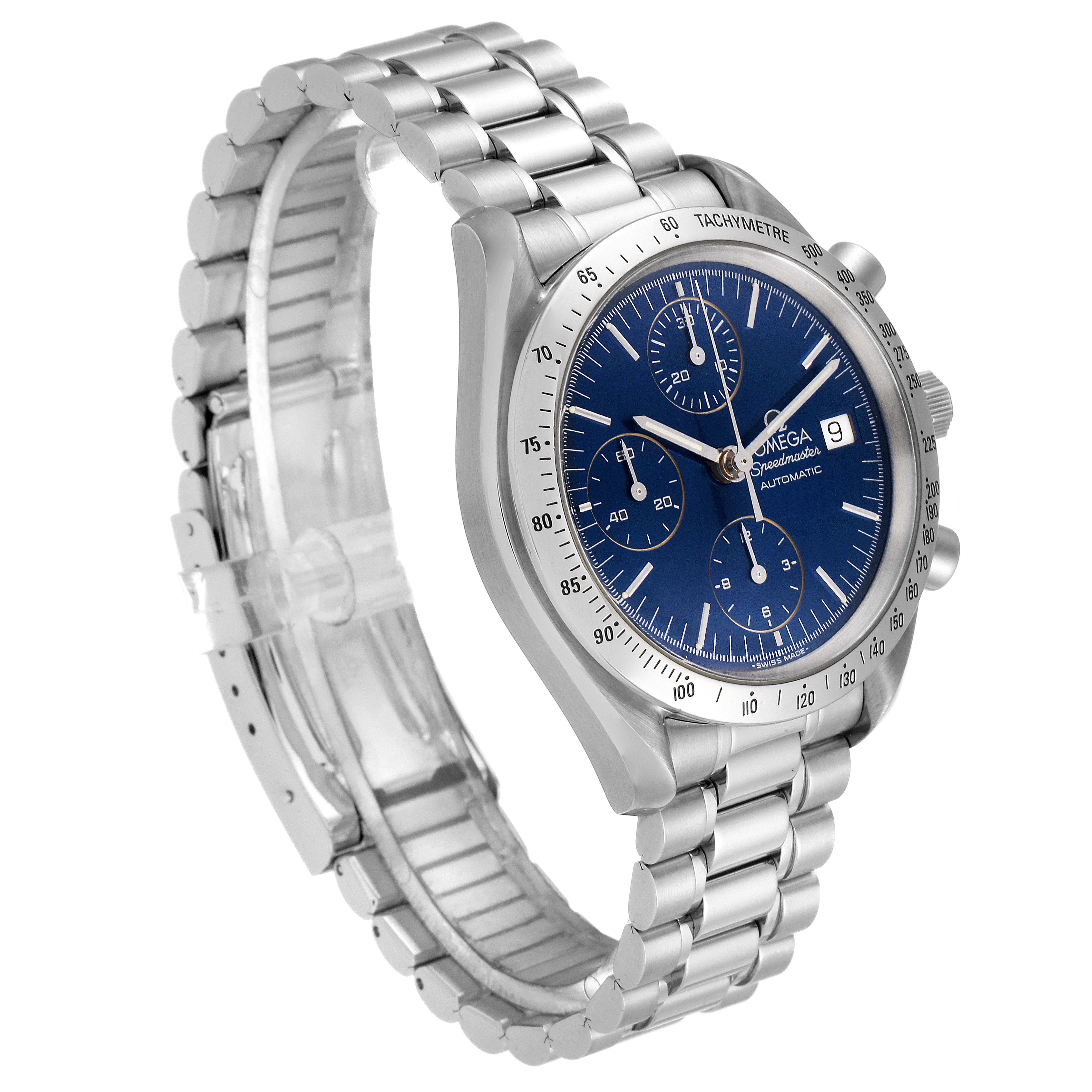 The Omega Speedmaster 3511.80.00 Men
s Stainless Steel Blue Dial 3511.80.00 Men
s Stainless Steel Blue Dial watch is shown at an angled top perspective, highlighting its blue dial, tachymeter bezel, and metal bracelet.