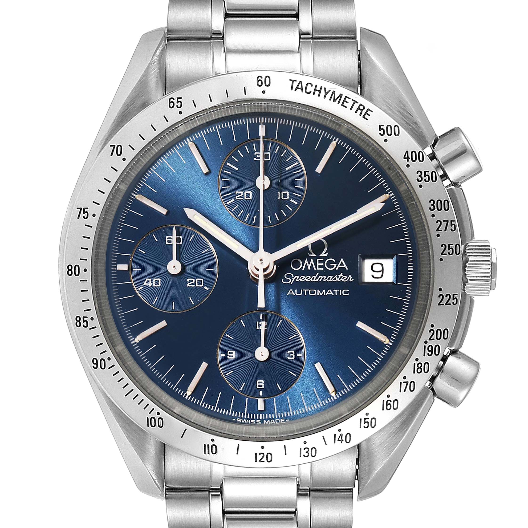 The image shows a frontal view of an Omega Speedmaster 3511.80.00 Men
s Stainless Steel Blue Dial 3511.80.00 Men
s Stainless Steel Blue Dial watch, highlighting its blue dial, chronograph subdials, date window, and tachymeter bezel.