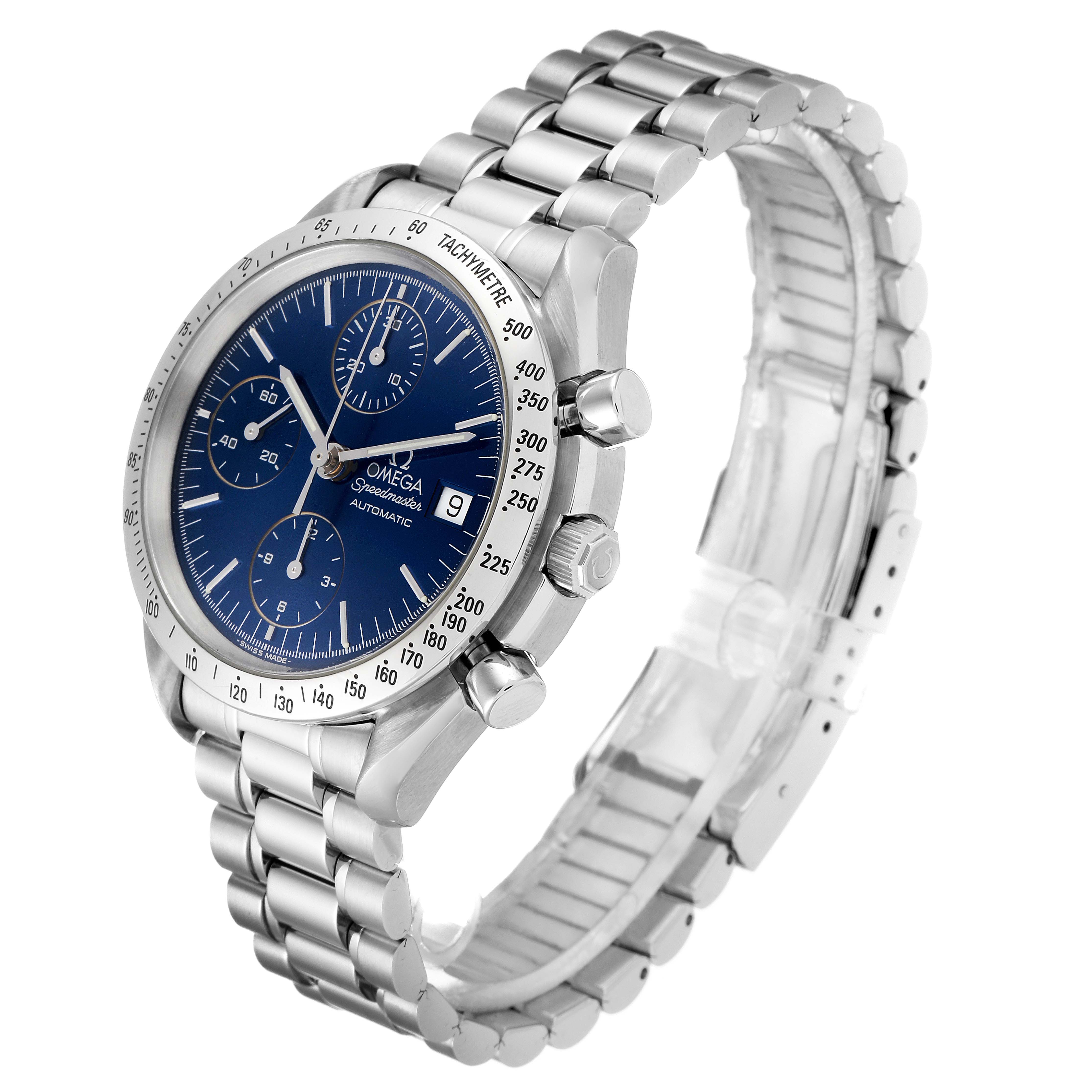 The image shows a three-quarter angle of an Omega Speedmaster 3511.80.00 Men
s Stainless Steel Blue Dial 3511.80.00 Men
s Stainless Steel Blue Dial with a blue dial, chronograph sub-dials, and a stainless steel bracelet.