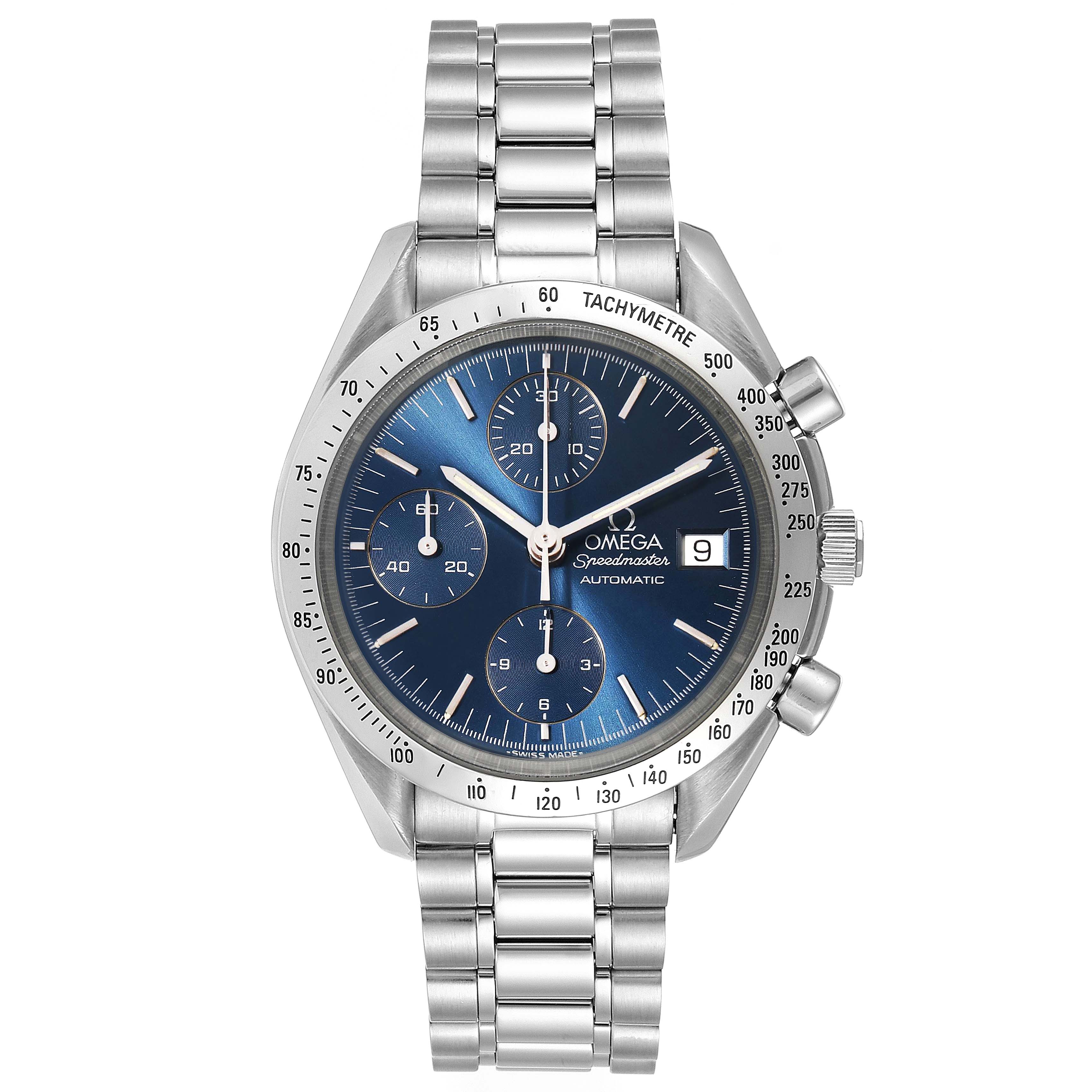 The image shows a front view of the Omega Speedmaster 3511.80.00 Men
s Stainless Steel Blue Dial 3511.80.00 Men
s Stainless Steel Blue Dial watch, highlighting its face, bezel, subdials, and metal bracelet.