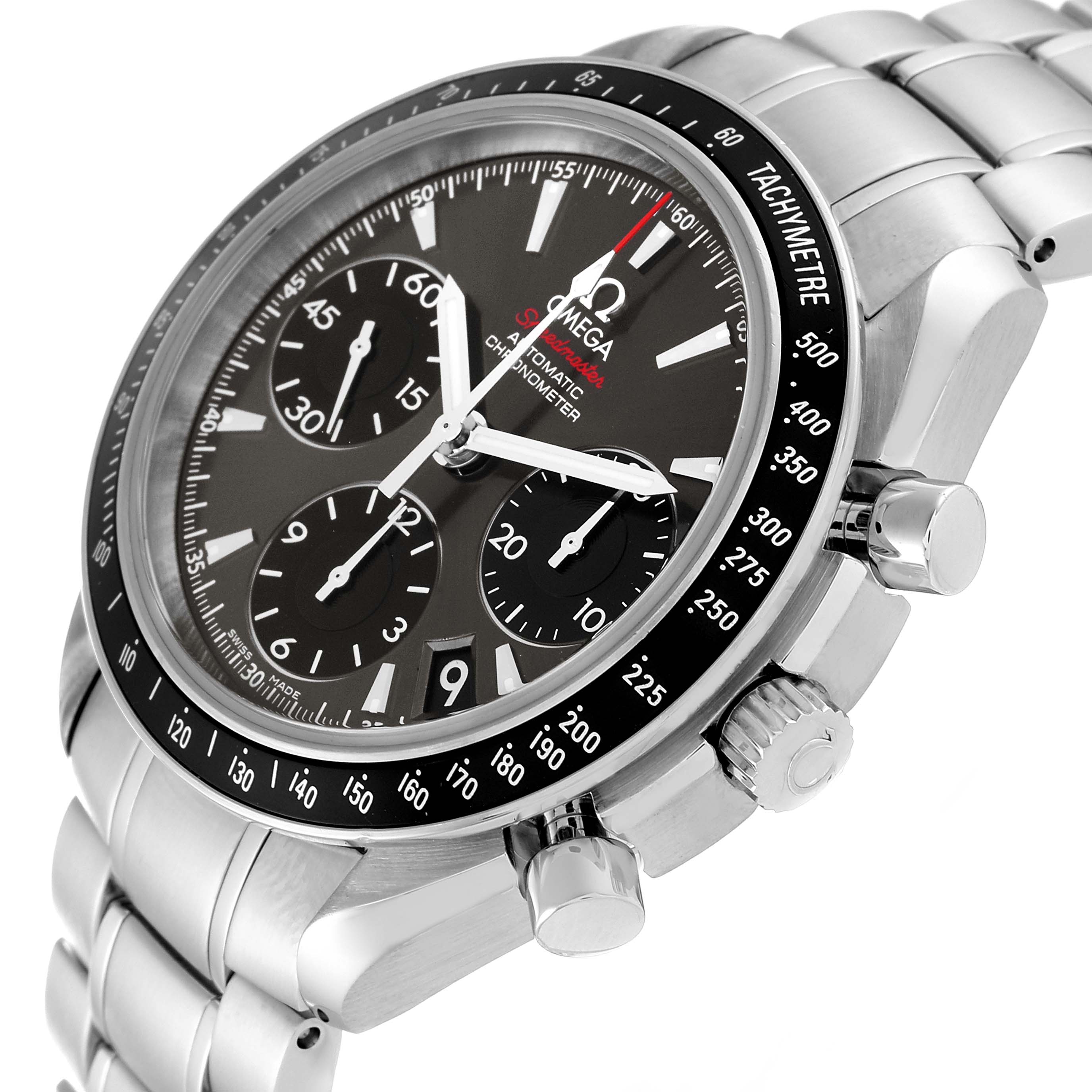 The image shows an angled view of an Omega Speedmaster 323.30.40.40.06.001 Men's Stainless Steel Grey Dial 323.30.40.40.06.001 Men's Stainless Steel Grey Dial watch, highlighting the dial, tachymeter bezel, and chronograph pushers.