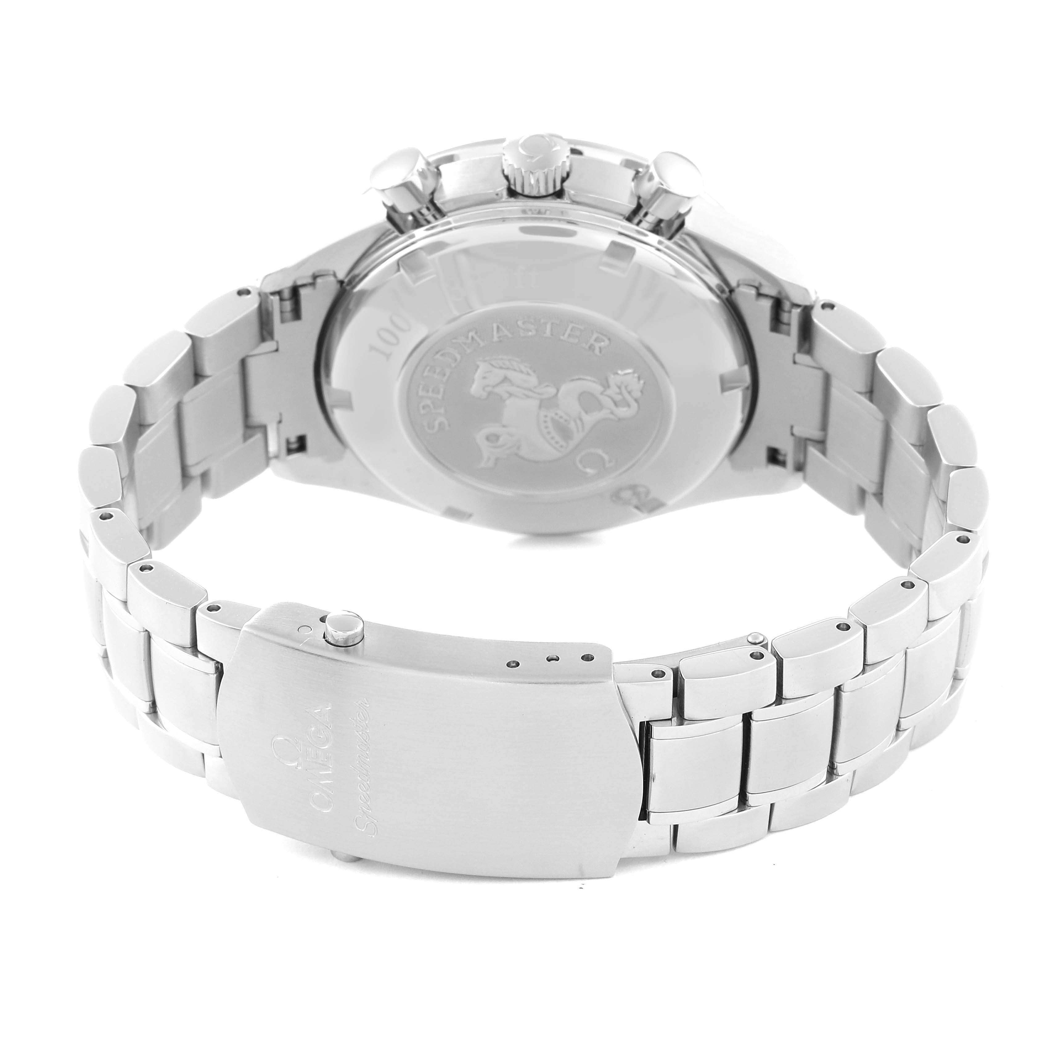 This image shows the backside of an Omega Speedmaster 323.30.40.40.06.001 Men's Stainless Steel Grey Dial 323.30.40.40.06.001 Men's Stainless Steel Grey Dial watch, featuring the clasp and bracelet.