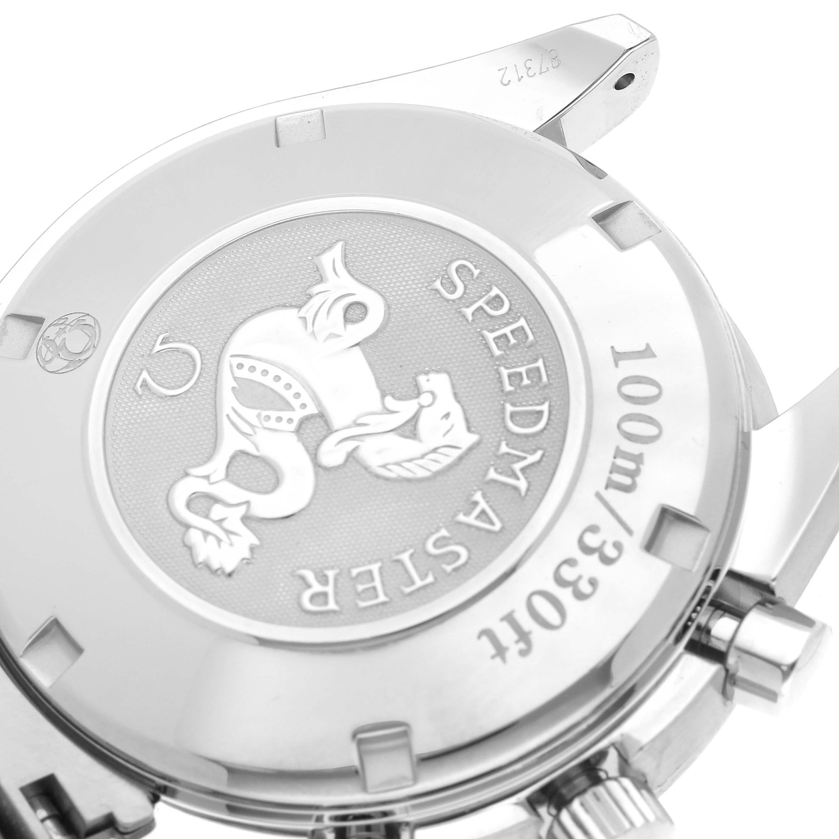 The image shows the back case of an Omega Speedmaster 323.30.40.40.06.001 Men's Stainless Steel Grey Dial 323.30.40.40.06.001 Men's Stainless Steel Grey Dial watch, featuring a logo and water resistance information.