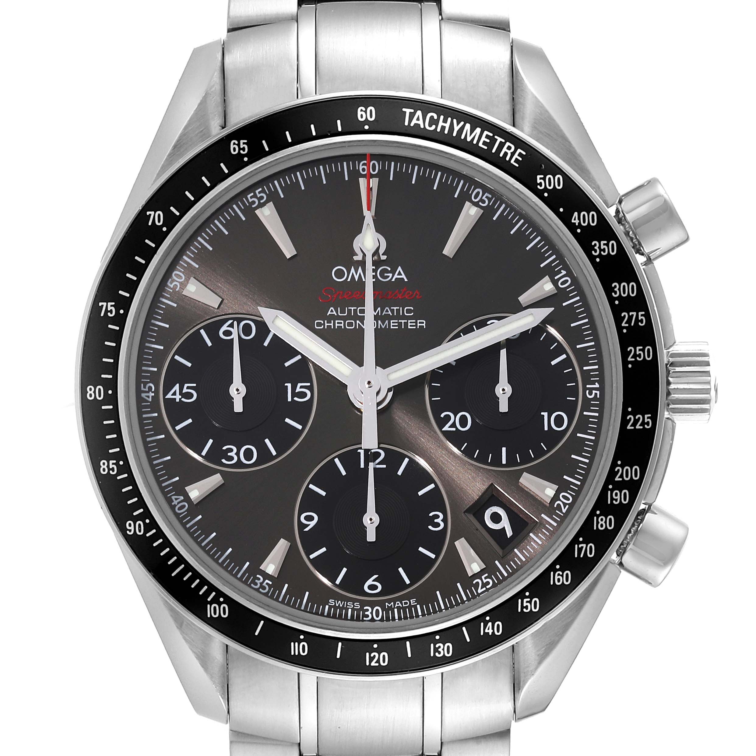 This image shows the front view of the Omega Speedmaster 323.30.40.40.06.001 Men's Stainless Steel Grey Dial 323.30.40.40.06.001 Men's Stainless Steel Grey Dial, highlighting its dial, subdials, tachymeter, and date window.