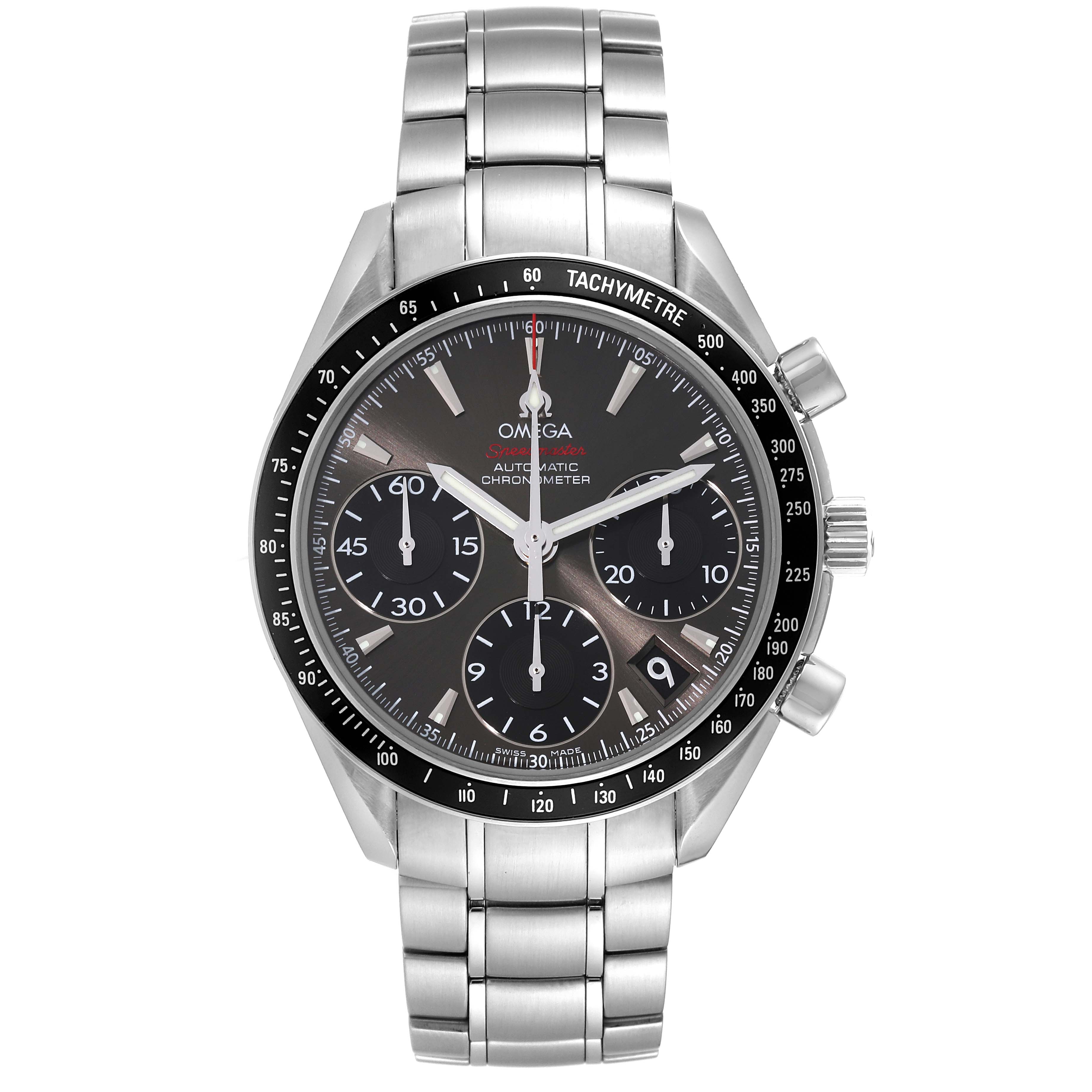 This image shows a front view of an Omega Speedmaster 323.30.40.40.06.001 Men's Stainless Steel Grey Dial 323.30.40.40.06.001 Men's Stainless Steel Grey Dial watch, highlighting its face, bezel, and stainless steel bracelet.