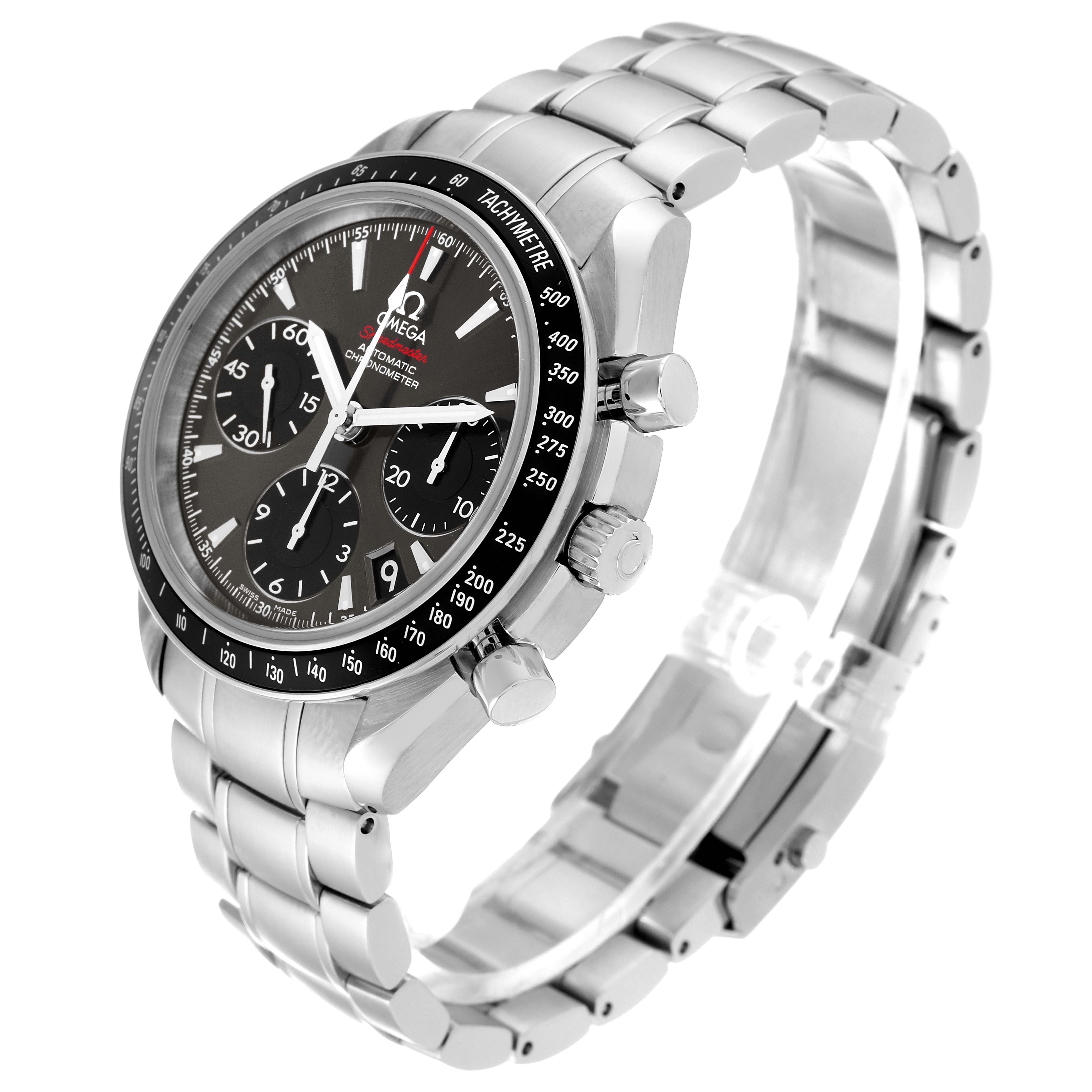 The Omega Speedmaster 323.30.40.40.06.001 Men's Stainless Steel Grey Dial 323.30.40.40.06.001 Men's Stainless Steel Grey Dial watch is shown at an oblique angle, displaying its face, tachymeter bezel, and stainless steel bracelet.