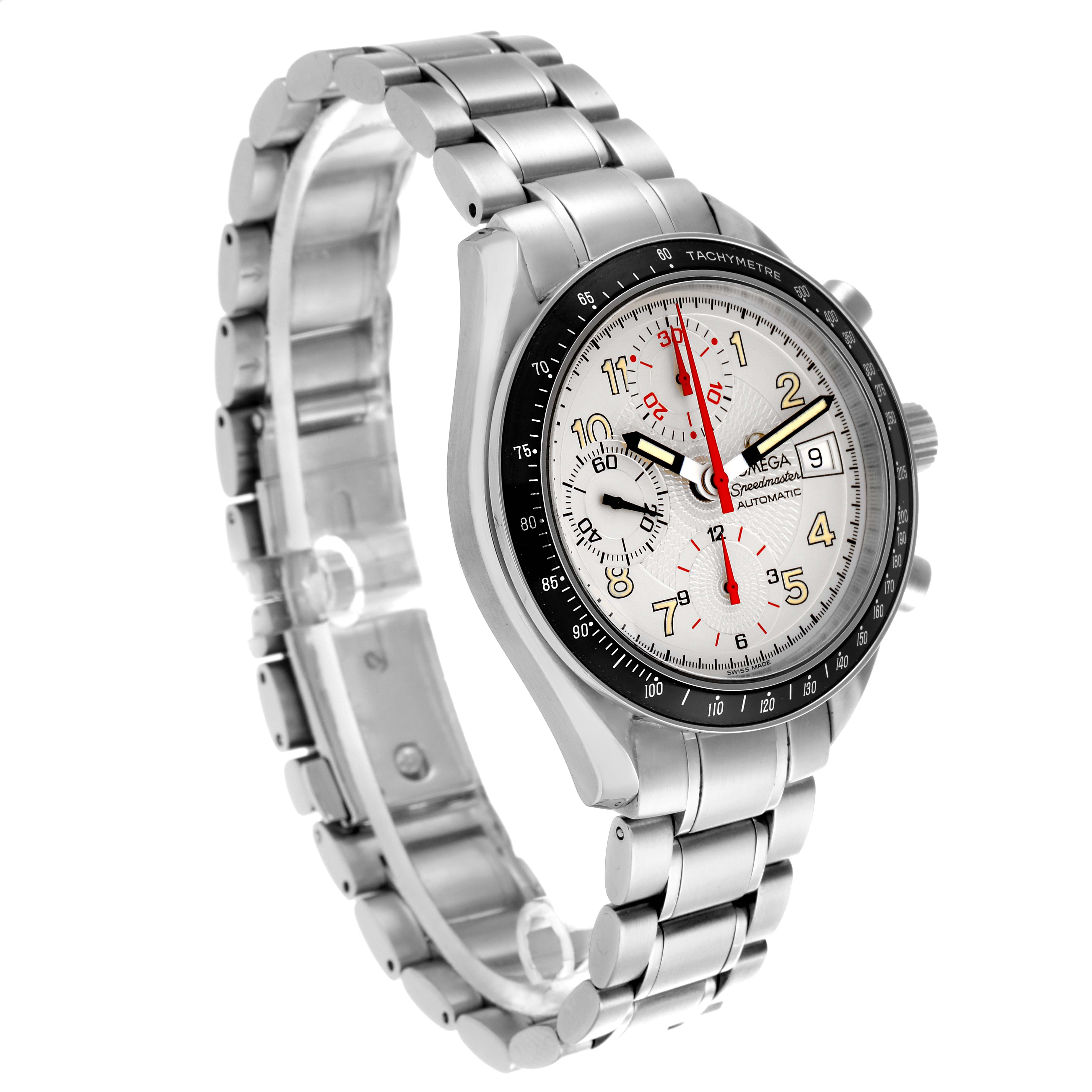 The Omega Speedmaster 3513.33.00 Men's Stainless Steel Silver Dial 3513.33.00 Men's Stainless Steel Silver Dial watch is shown from a front-left angle, displaying the face, bezel, crown, and bracelet.