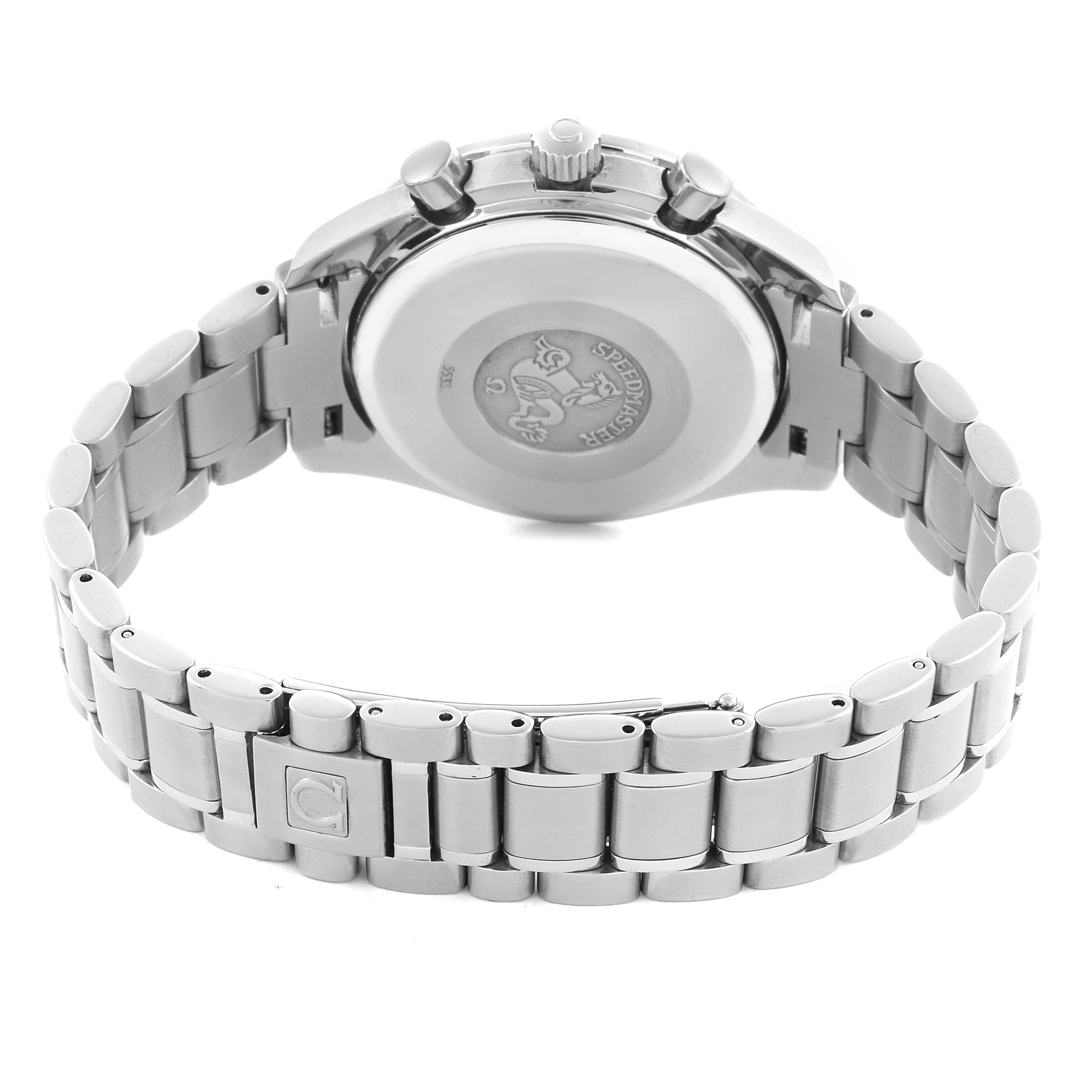The image shows the back of the Omega Speedmaster 3513.33.00 Men's Stainless Steel Silver Dial 3513.33.00 Men's Stainless Steel Silver Dial watch, displaying the case back and stainless steel bracelet.