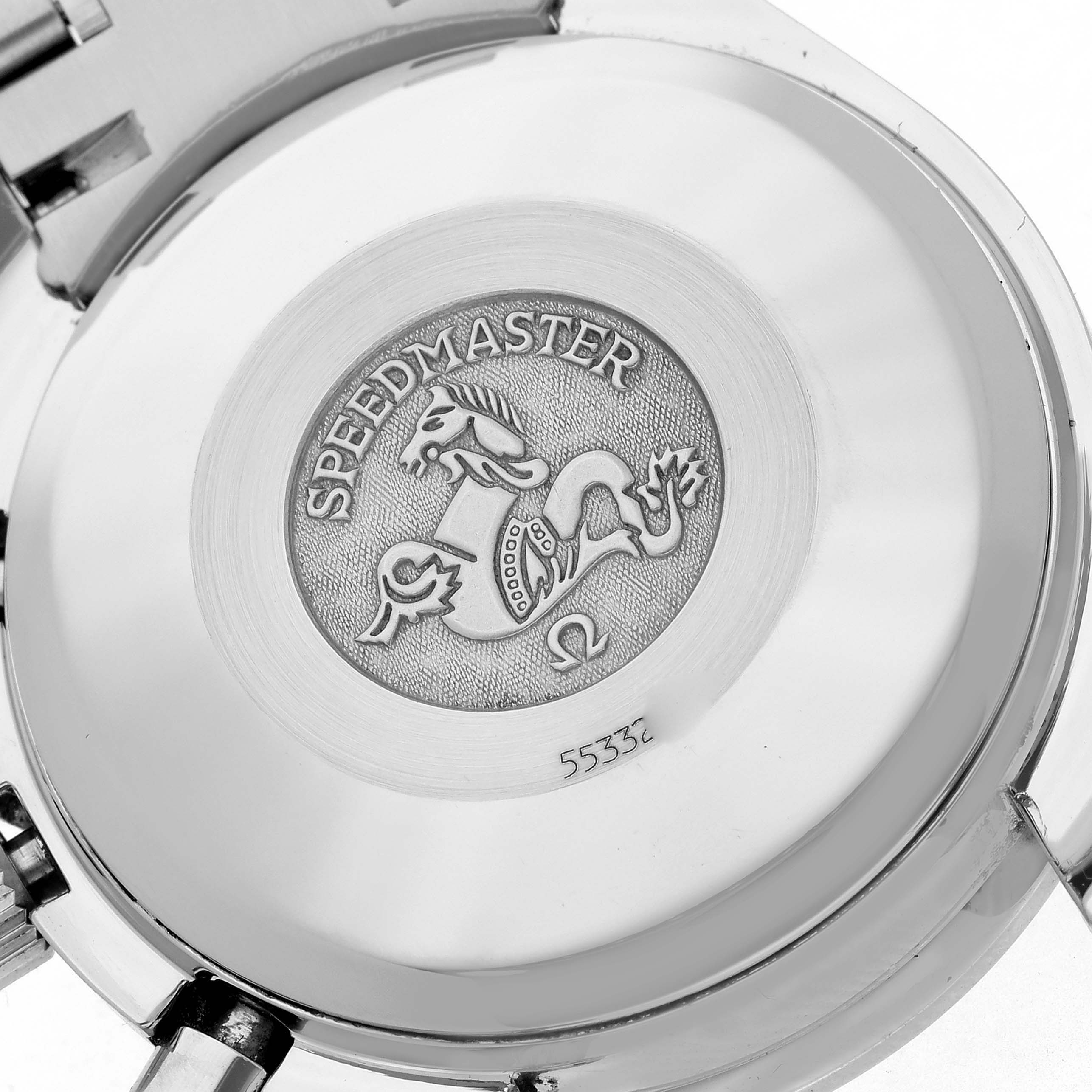 The image shows the case back of an Omega Speedmaster 3513.33.00 Men's Stainless Steel Silver Dial 3513.33.00 Men's Stainless Steel Silver Dial, featuring an engraved horse logo and the model name.