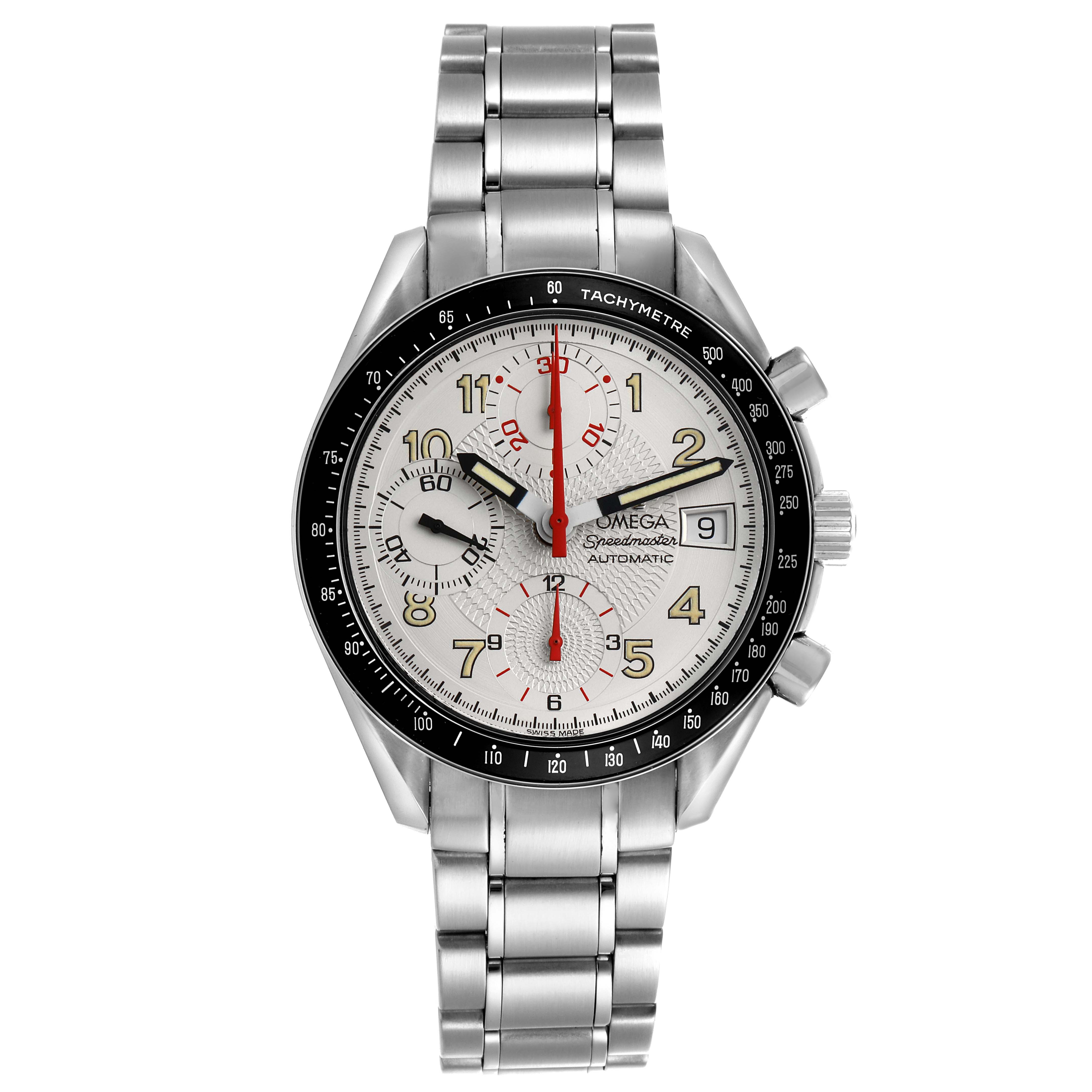 The Omega Speedmaster 3513.33.00 Men's Stainless Steel Silver Dial 3513.33.00 Men's Stainless Steel Silver Dial watch is shown front-on, displaying the face, bezel, and metal bracelet.