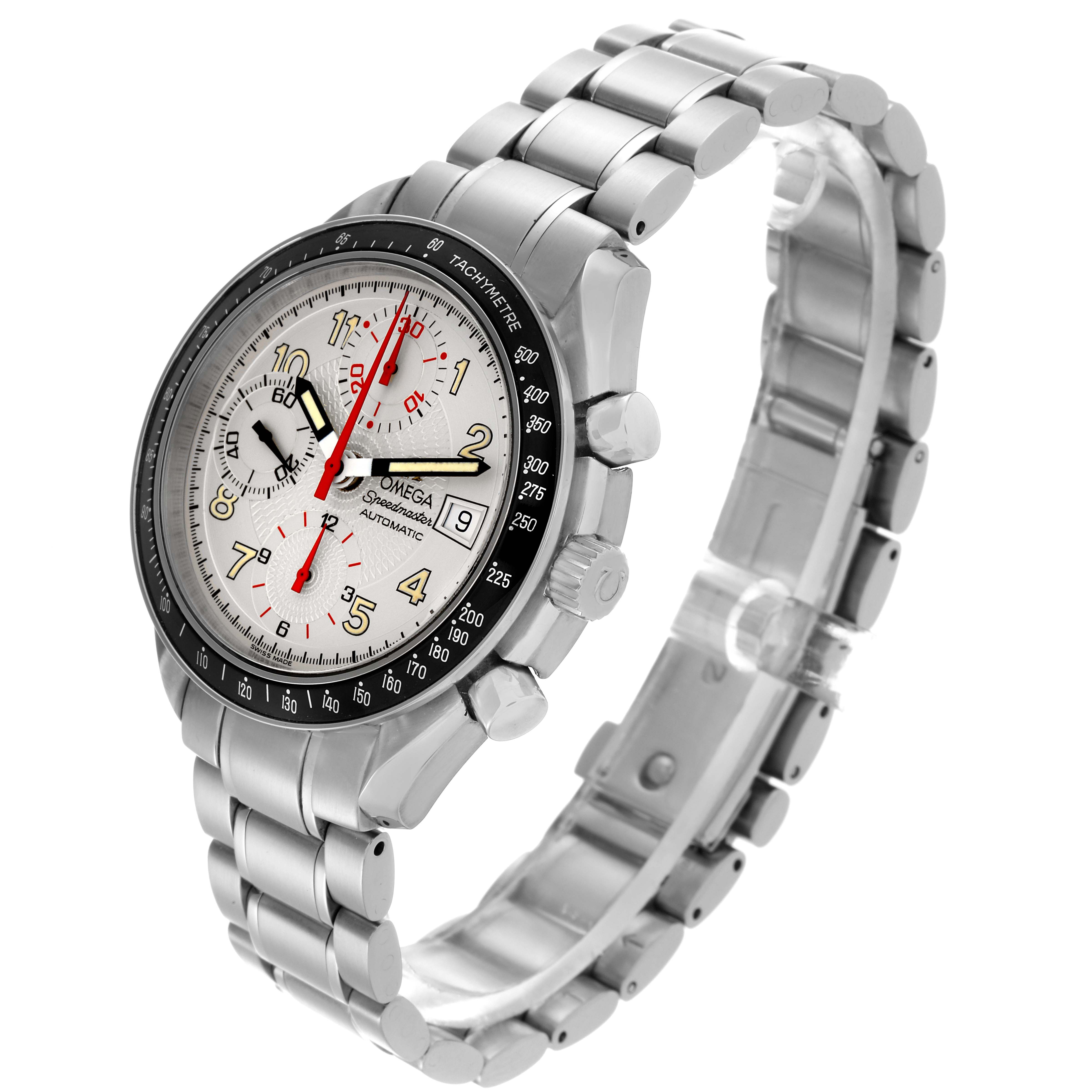 The Omega Speedmaster 3513.33.00 Men's Stainless Steel Silver Dial 3513.33.00 Men's Stainless Steel Silver Dial watch is shown at a left-side angle, displaying its face, bezel, crown, and stainless steel bracelet.