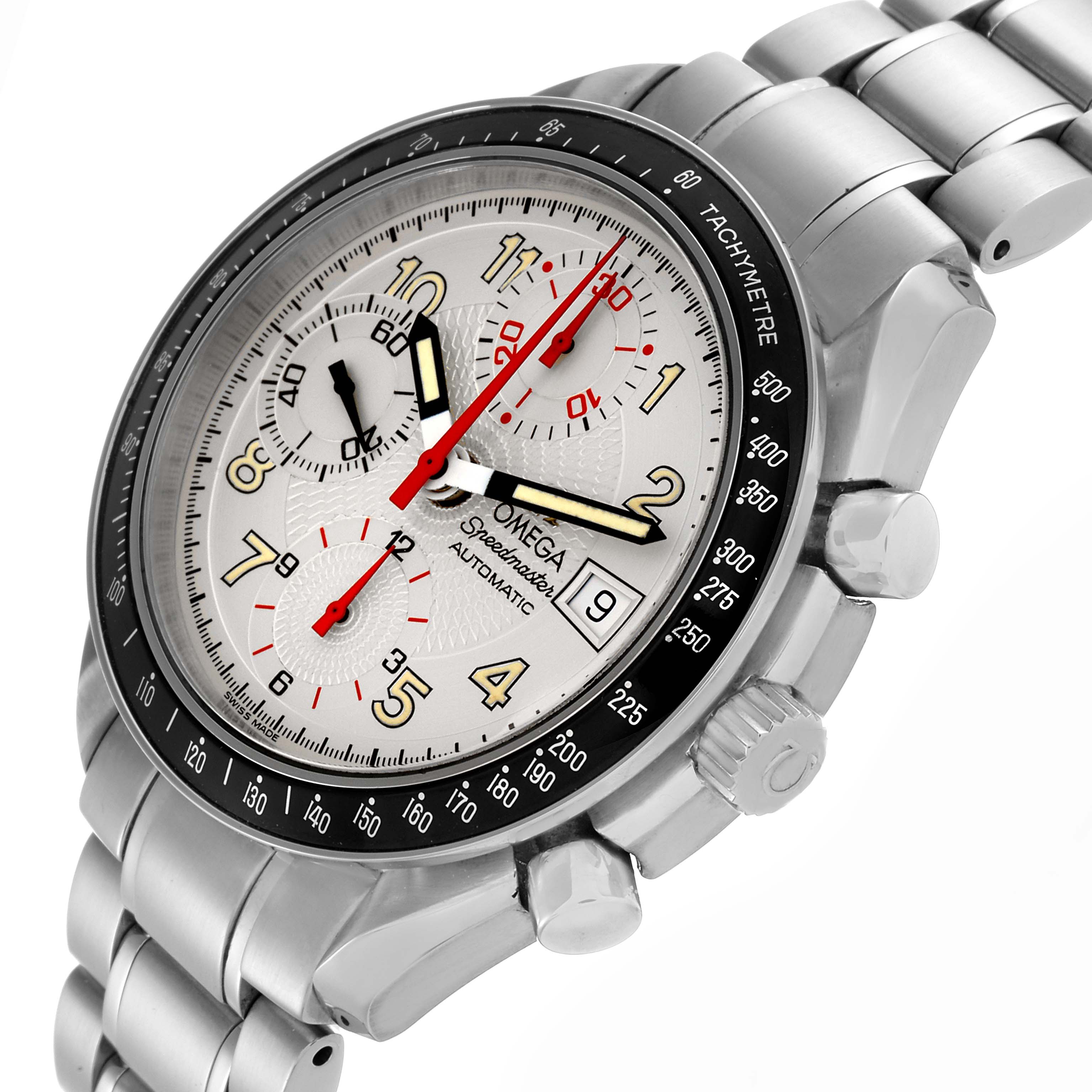The Omega Speedmaster 3513.33.00 Men's Stainless Steel Silver Dial 3513.33.00 Men's Stainless Steel Silver Dial watch is shown from a three-quarter angle, highlighting the dial, bezel, crown, and stainless steel bracelet.