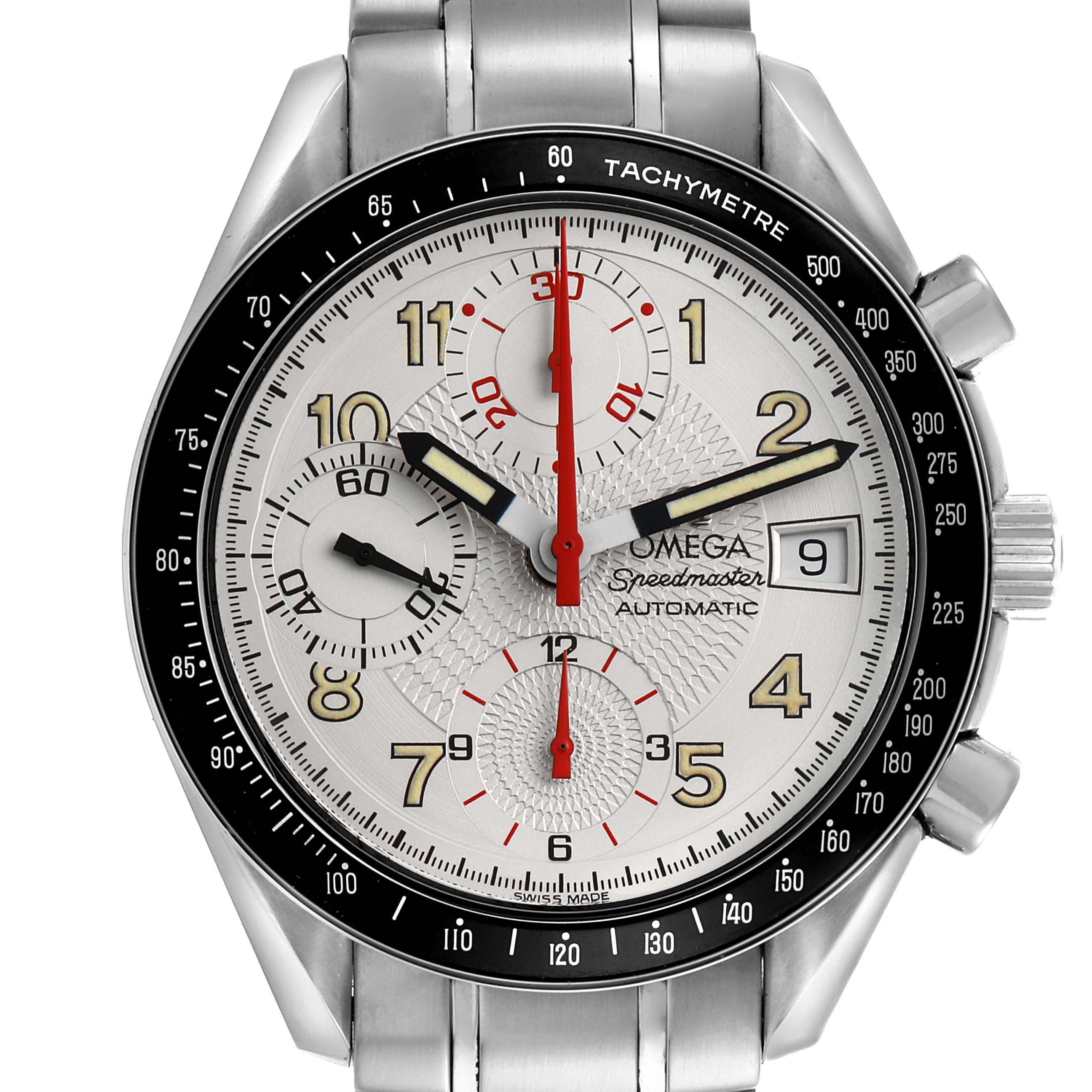 The Omega Speedmaster 3513.33.00 Men's Stainless Steel Silver Dial 3513.33.00 Men's Stainless Steel Silver Dial watch is shown from a front angle, displaying the dial, tachymeter bezel, and chronograph subdials.