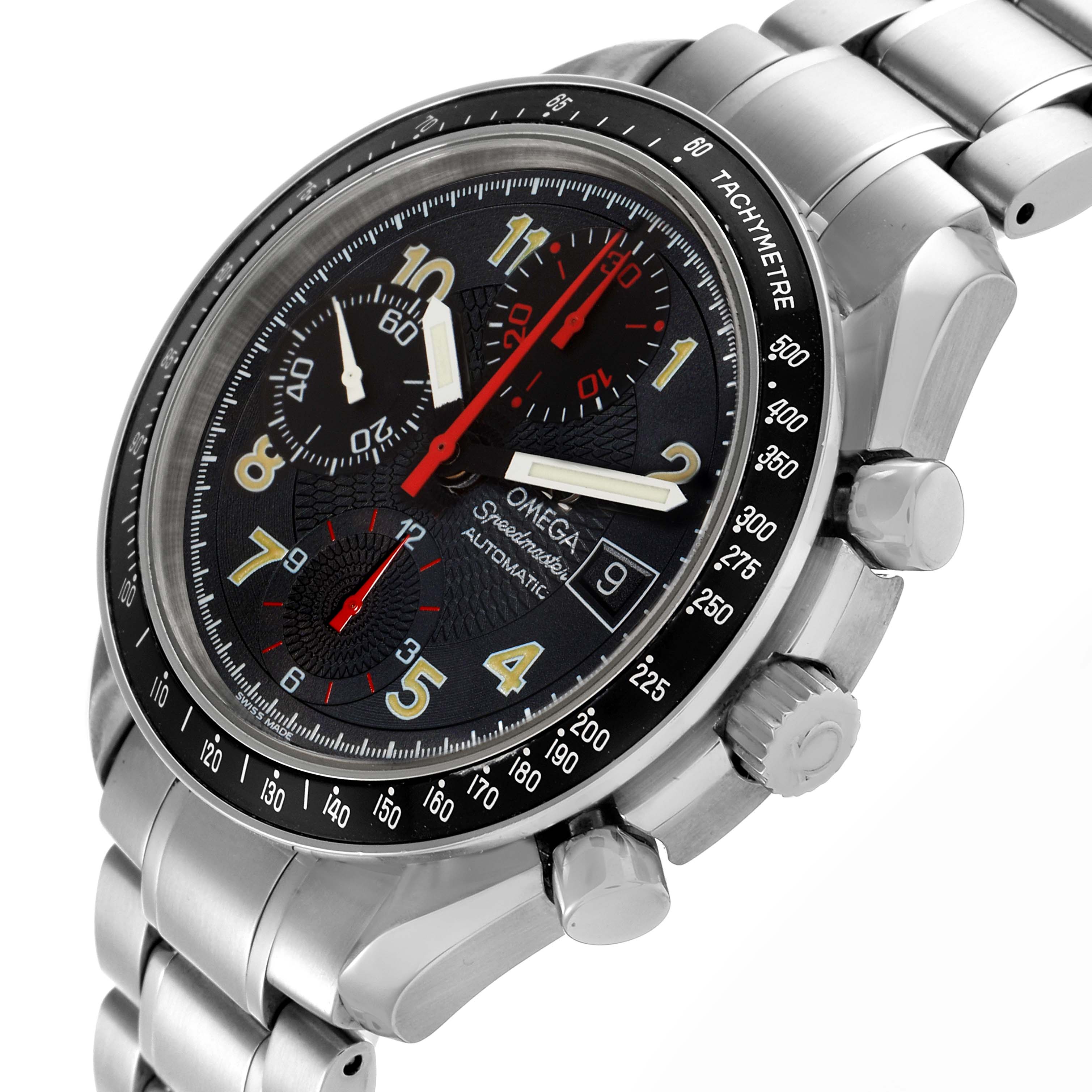 The Omega Speedmaster 3513.53.00 Men's Stainless Steel Black Dial 3513.53.00 Men's Stainless Steel Black Dial watch is shown at an angled side view, displaying the dial, bezel, crown, pushers, and bracelet.