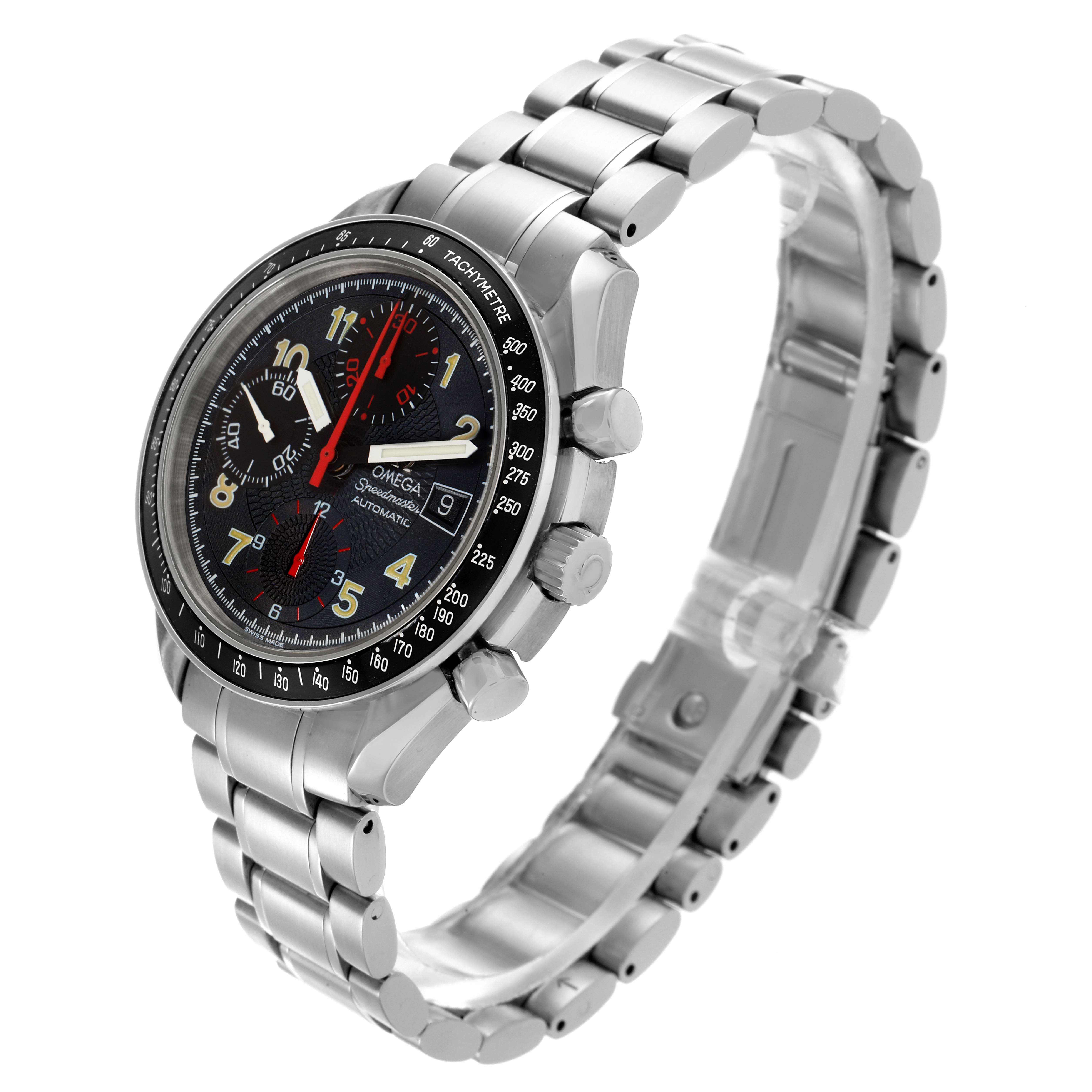 The Omega Speedmaster 3513.53.00 Men's Stainless Steel Black Dial 3513.53.00 Men's Stainless Steel Black Dial watch is shown at a three-quarter angle, displaying the face, bezel, and stainless steel bracelet.