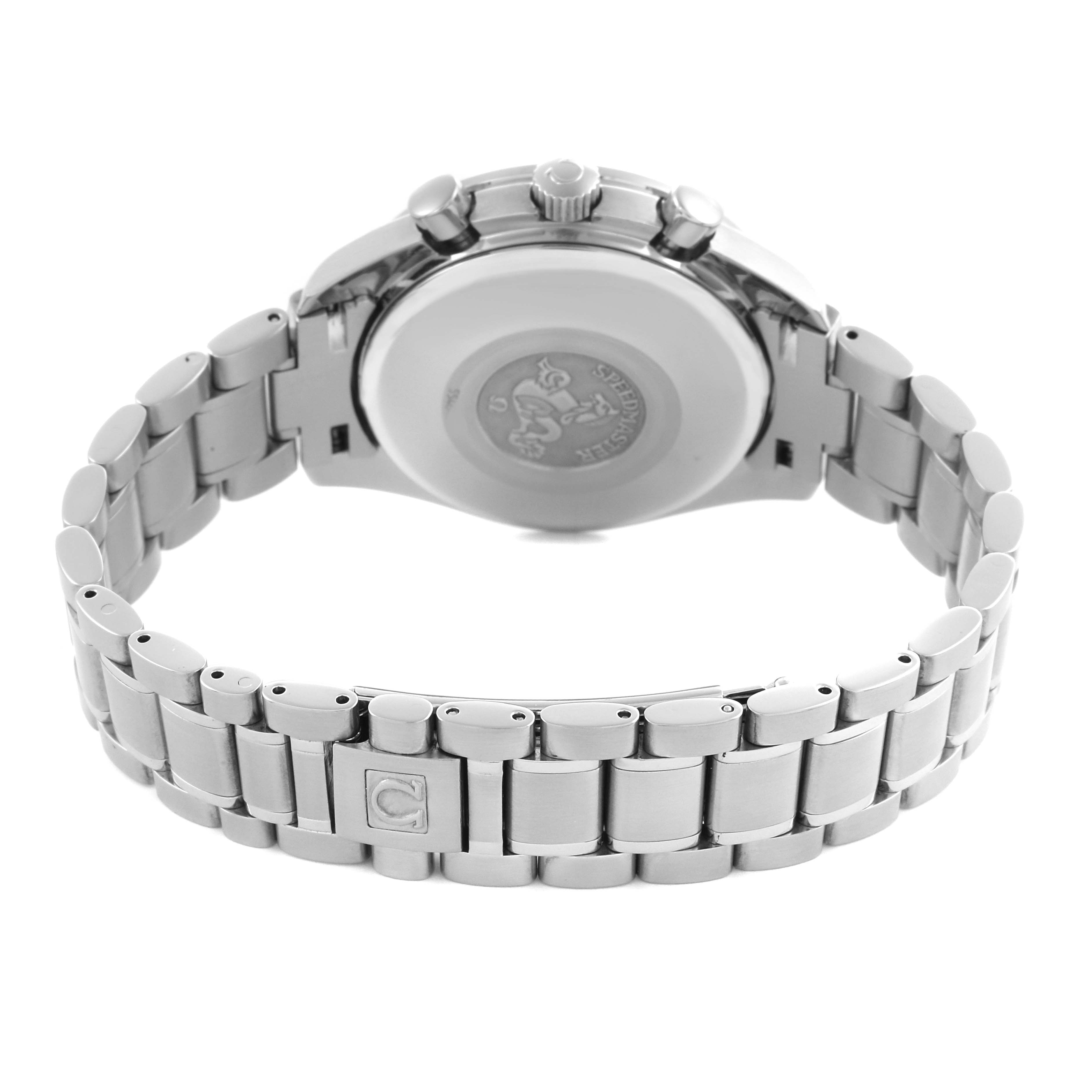 The Omega Speedmaster 3513.53.00 Men's Stainless Steel Black Dial 3513.53.00 Men's Stainless Steel Black Dial watch is shown from the back, highlighting the bracelet and case back with engravings.