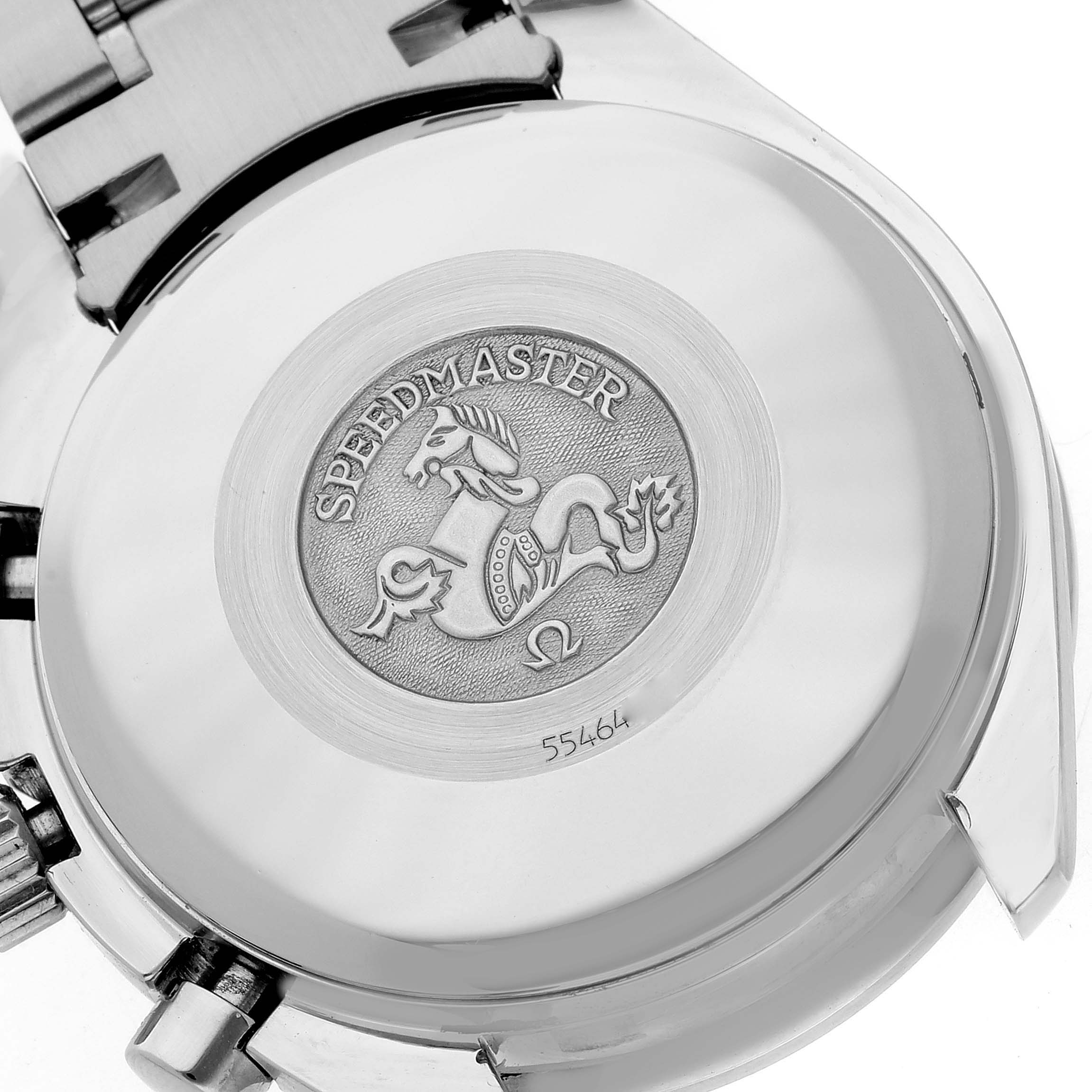 The image shows the back of an Omega Speedmaster 3513.53.00 Men's Stainless Steel Black Dial 3513.53.00 Men's Stainless Steel Black Dial watch, highlighting the engraved emblem and part of the bracelet.