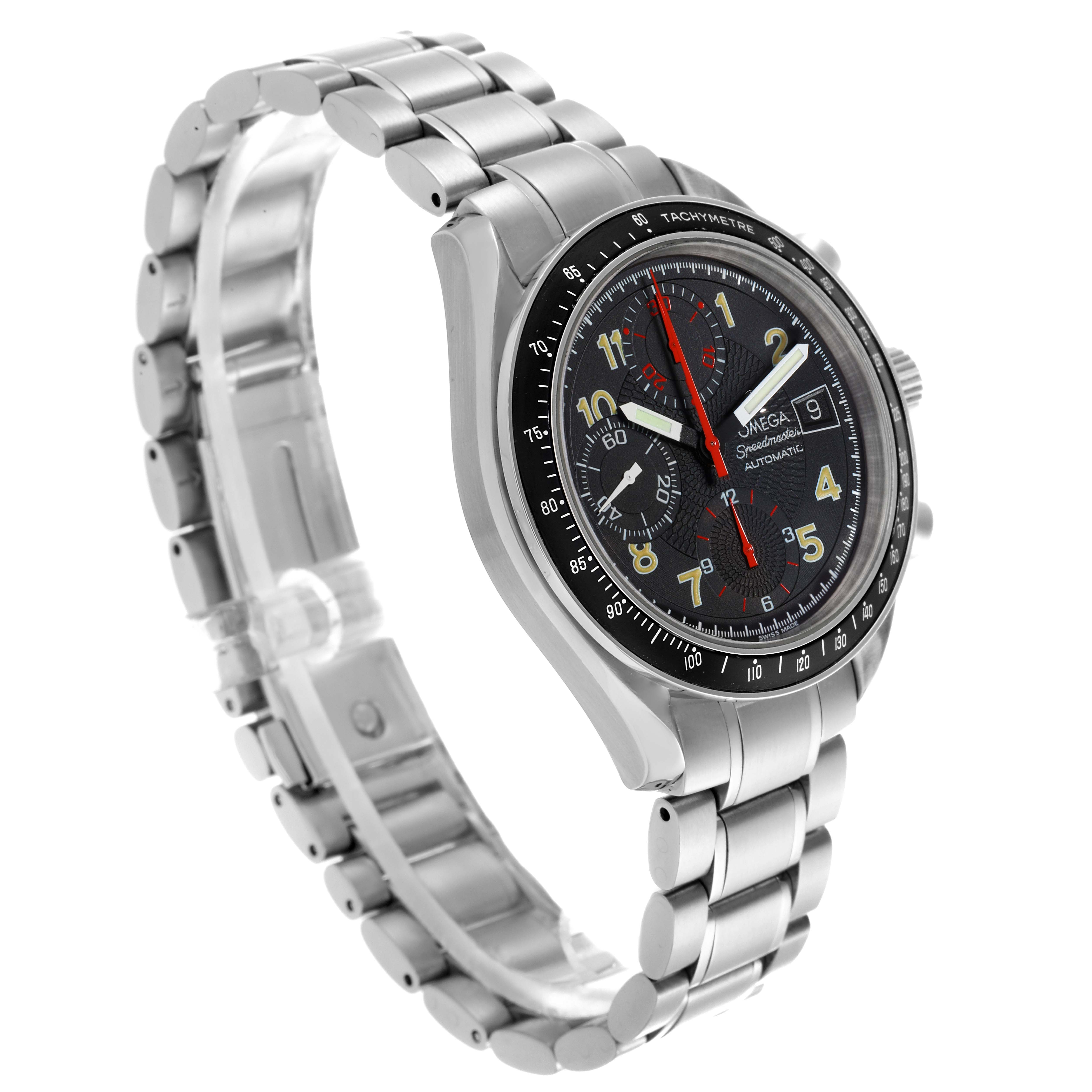 The Omega Speedmaster 3513.53.00 Men's Stainless Steel Black Dial 3513.53.00 Men's Stainless Steel Black Dial watch is shown at a three-quarter angle, highlighting the dial, bracelet, bezel, and side pushers.