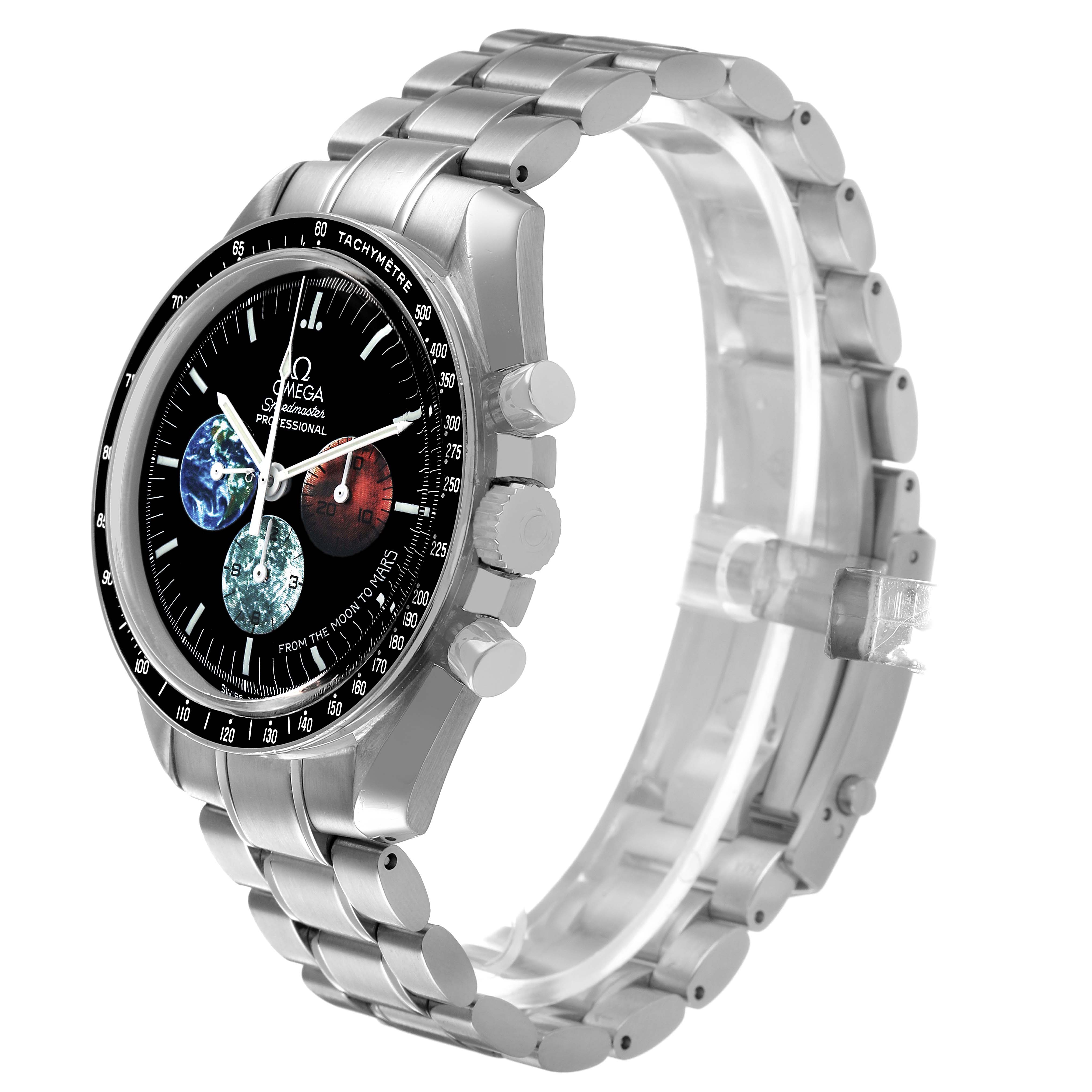 The Omega Speedmaster 3577.50.00 Men's Stainless Steel Black Dial watch is shown from a semi-side angle, displaying its dial, bezel, crown, pushers, and metal bracelet.