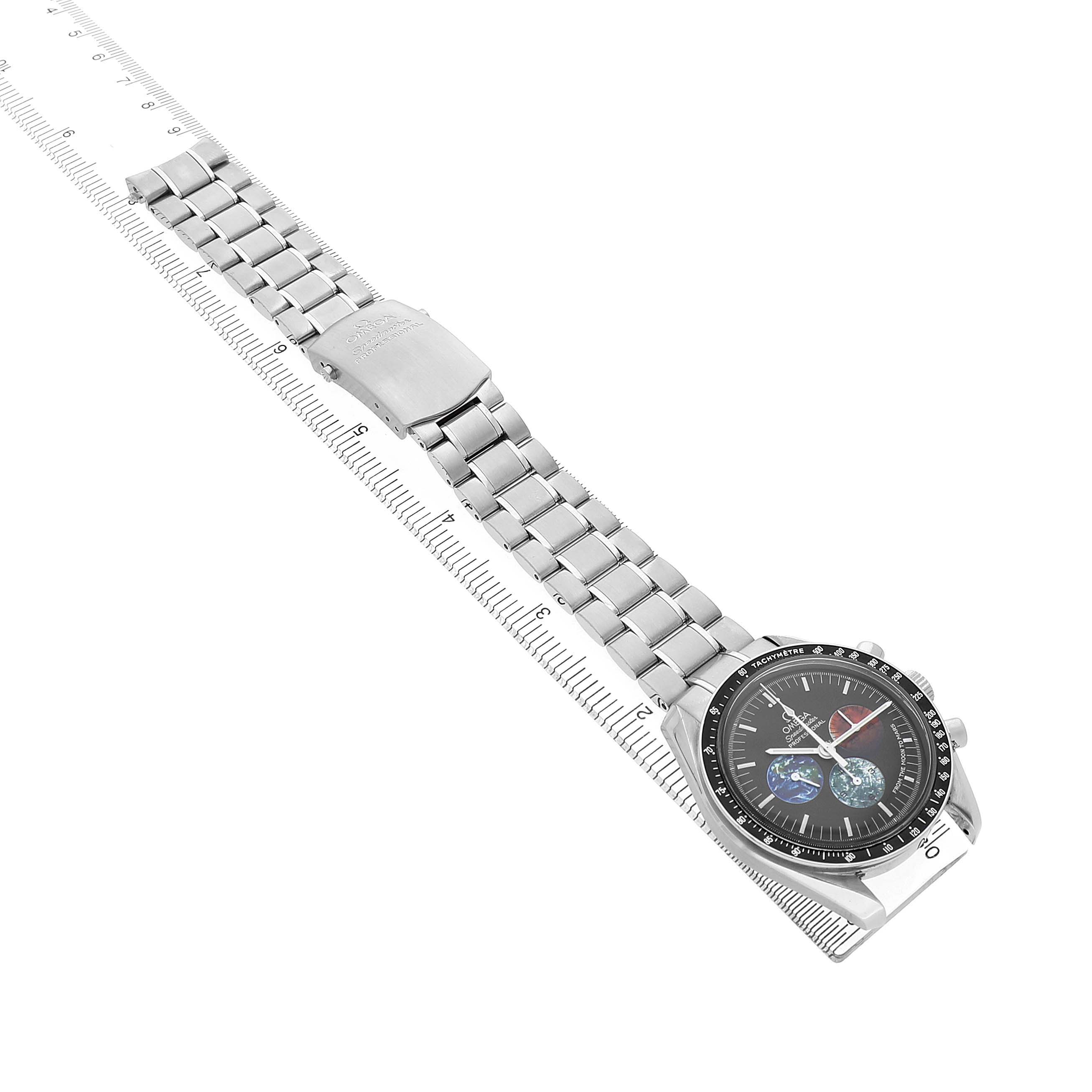 The Omega Speedmaster 3577.50.00 Men's Stainless Steel Black Dial watch is shown from a top-down angle, displaying the bracelet, clasp, and dial clearly.