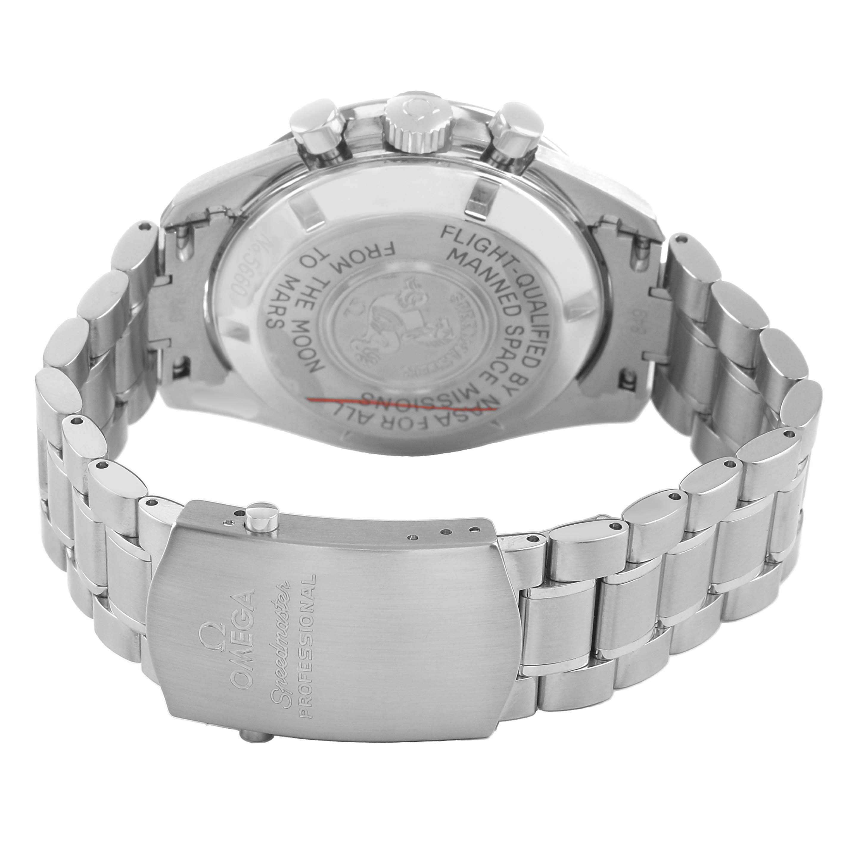 The watch is shown from the back, highlighting the case back and stainless steel bracelet of the Omega Speedmaster 3577.50.00 Men's Stainless Steel Black Dial.