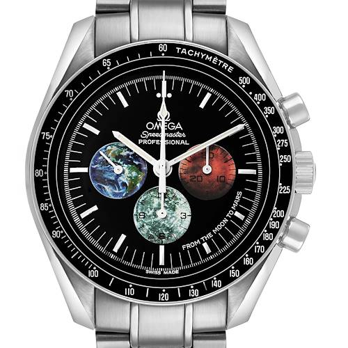 The Omega Speedmaster 3577.50.00 Men's Stainless Steel Black Dial watch is shown from the front, highlighting its dial and subdials with a portion of the bracelet visible.