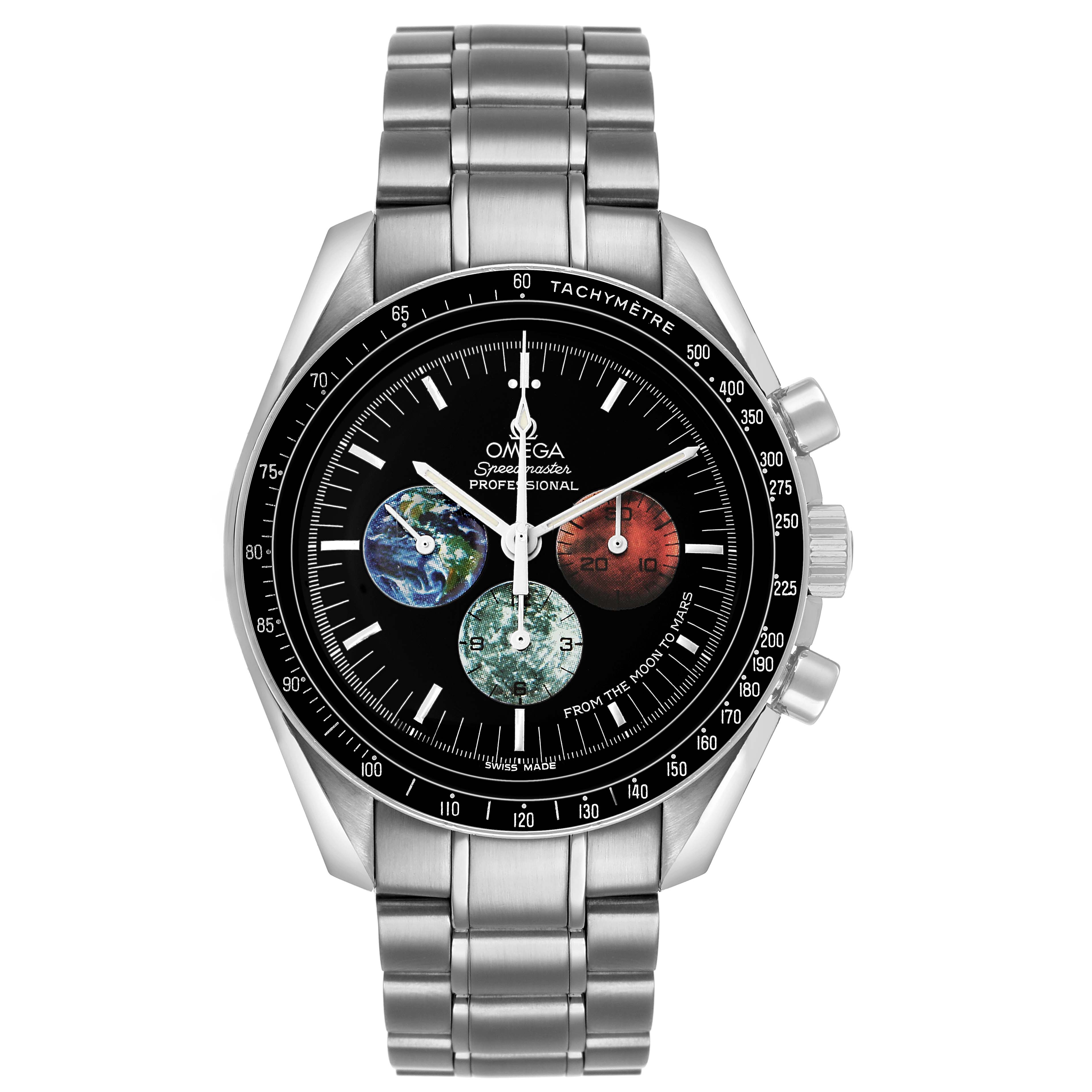The Omega Speedmaster 3577.50.00 Men's Stainless Steel Black Dial watch is shown from the front, displaying the face, bezel, and bracelet.