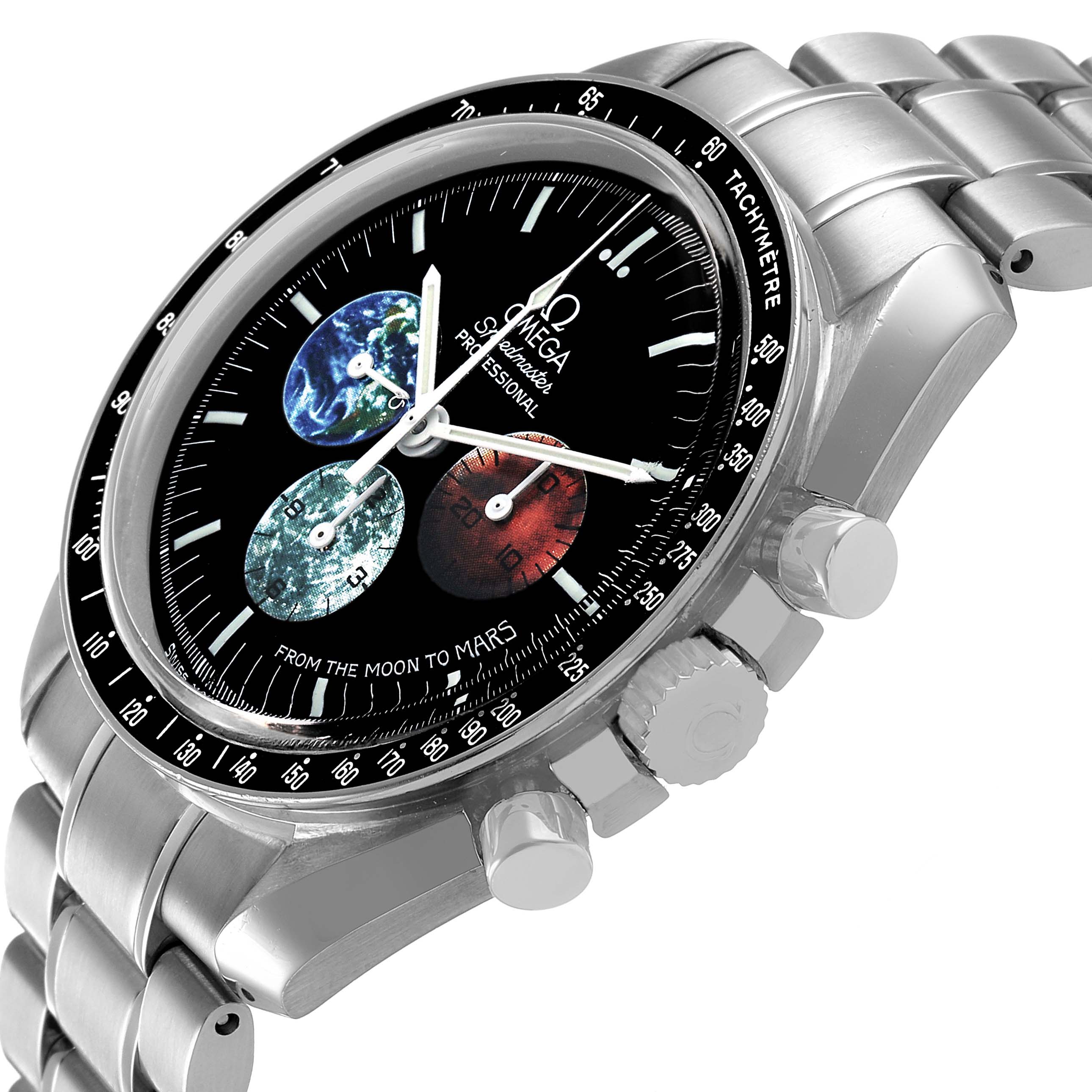 The Omega Speedmaster 3577.50.00 Men's Stainless Steel Black Dial watch is shown from an angled side view featuring the dial, bezel, case, crown, and bracelet.