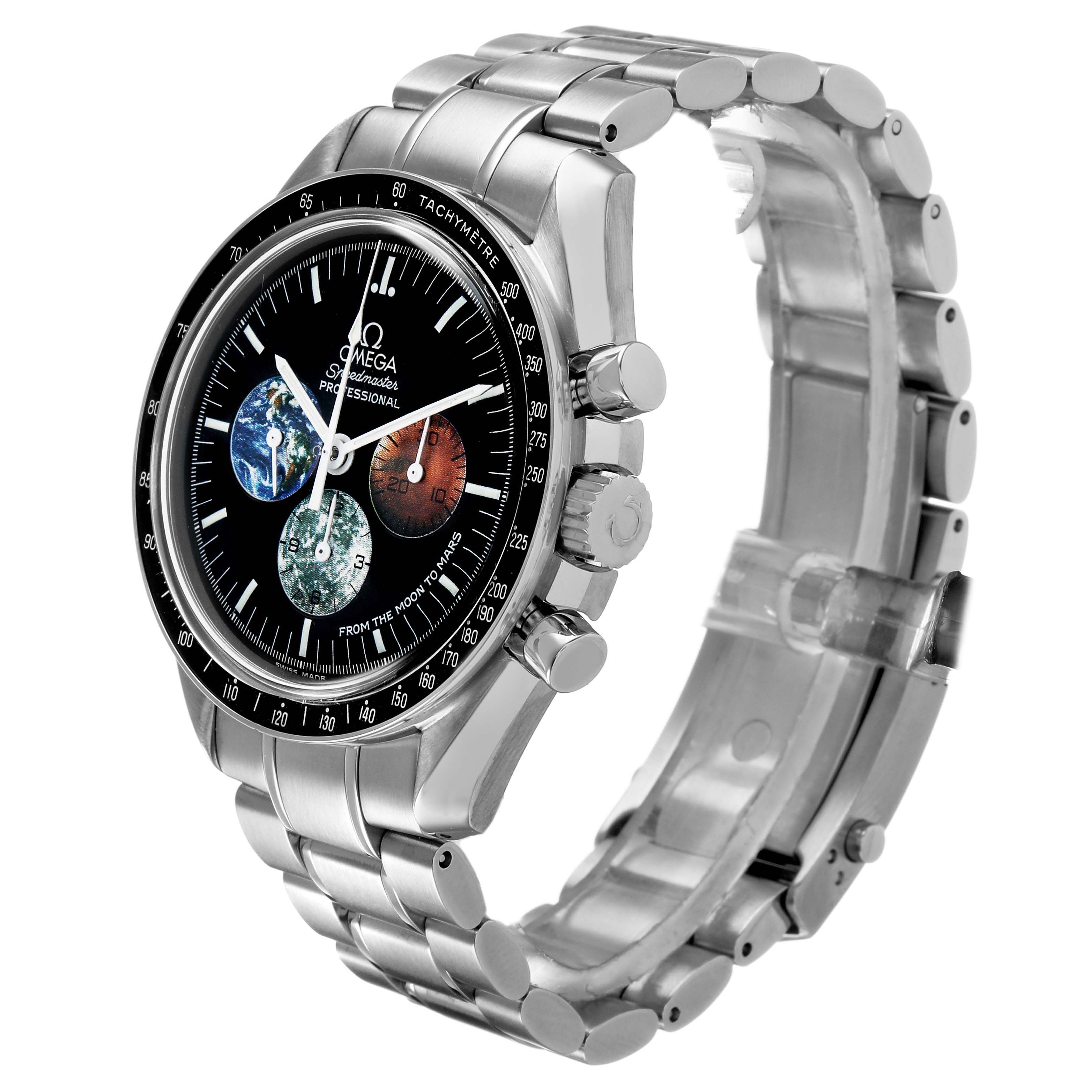 The Omega Speedmaster 3577.50.00 Men's Stainless Steel Black Dial watch is shown from an angled side perspective, highlighting the face and stainless steel bracelet.