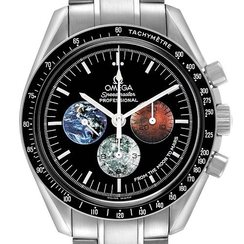 The Omega Speedmaster 3577.50.00 Men's Stainless Steel Black Dial watch is shown from a front angle, highlighting the dial, tachymeter bezel, and chronograph subdials.