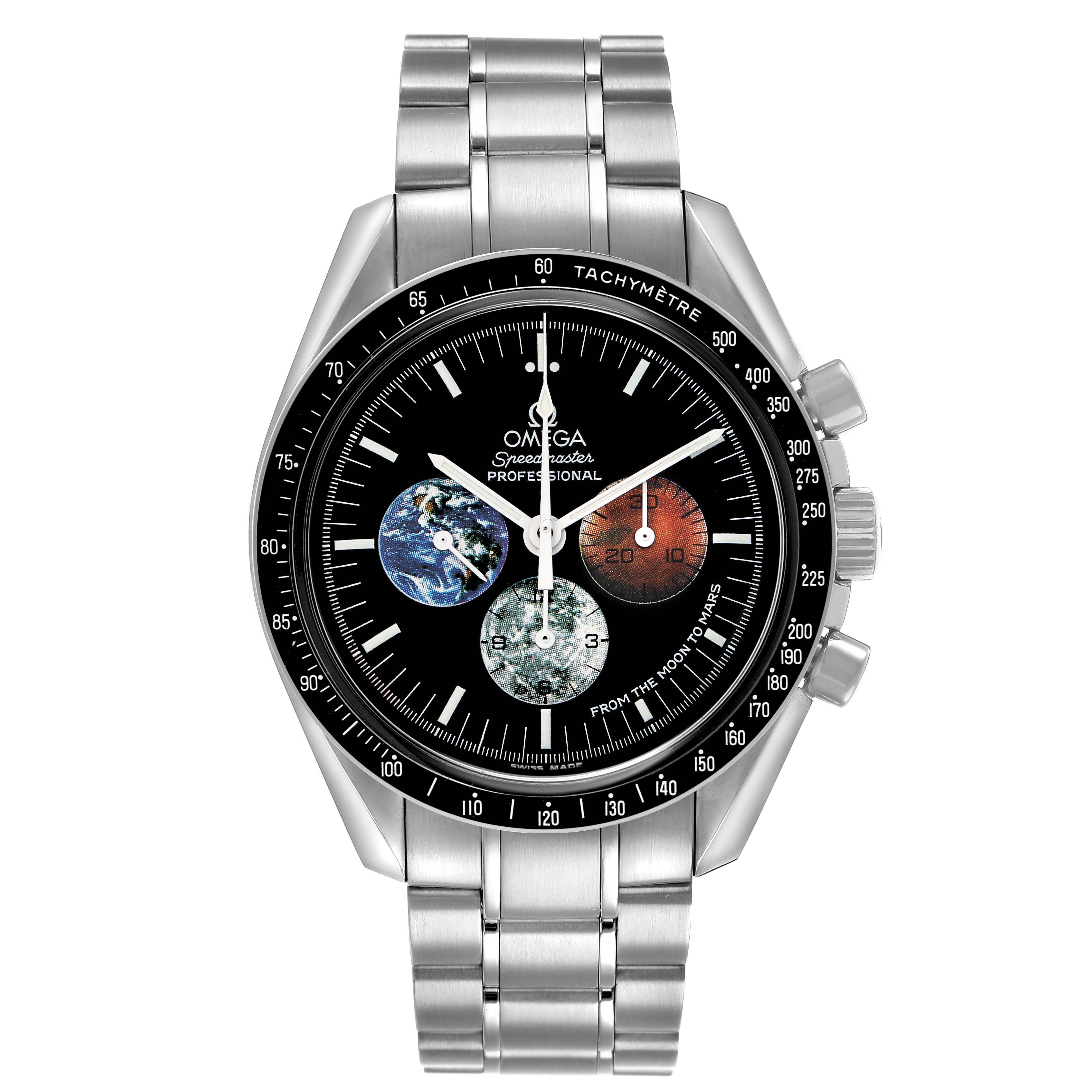 The Omega Speedmaster 3577.50.00 Men's Stainless Steel Black Dial watch is shown from the front, displaying its face, bezel, case, and bracelet.
