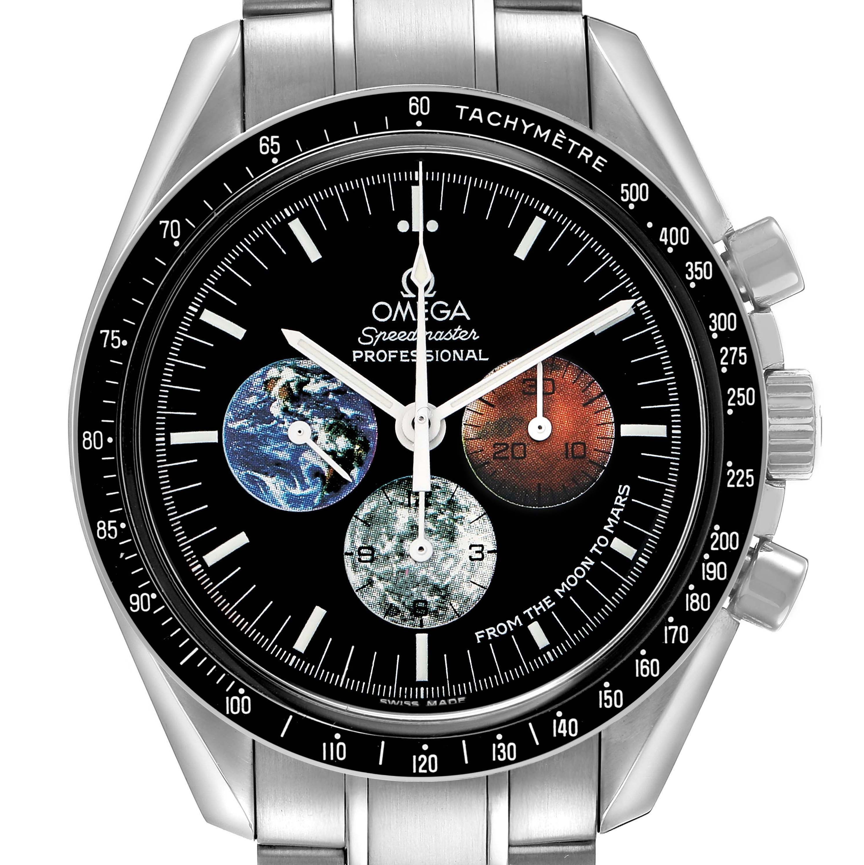 The Omega Speedmaster 3577.50.00 Men's Stainless Steel Black Dial watch is shown from a front angle, highlighting the dial, bezel, crown, and chronograph subdials.