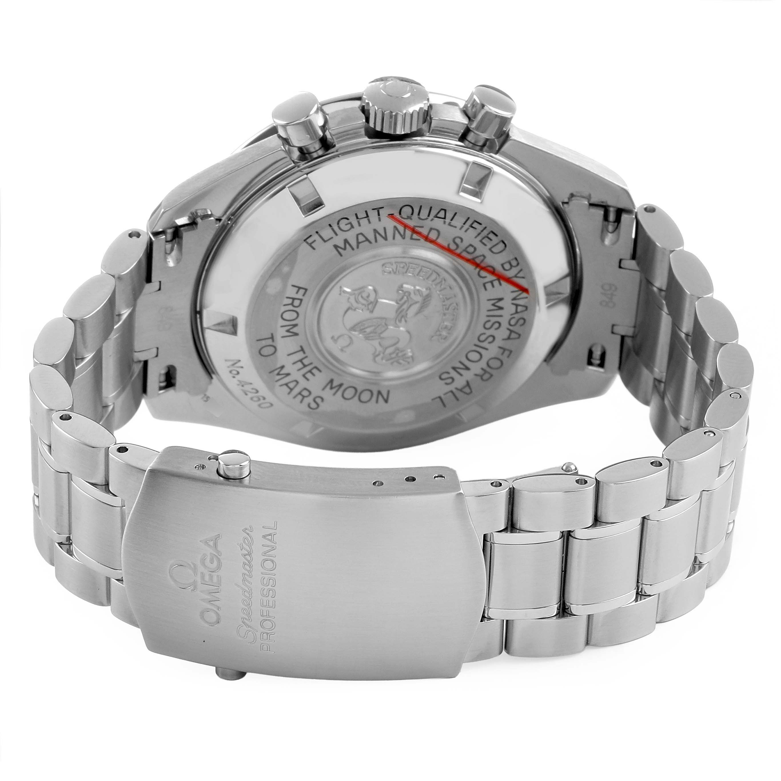 The image shows the back and clasp of an Omega Speedmaster 3577.50.00 Men's Stainless Steel Black Dial watch, highlighting the case back engraving and stainless steel bracelet.