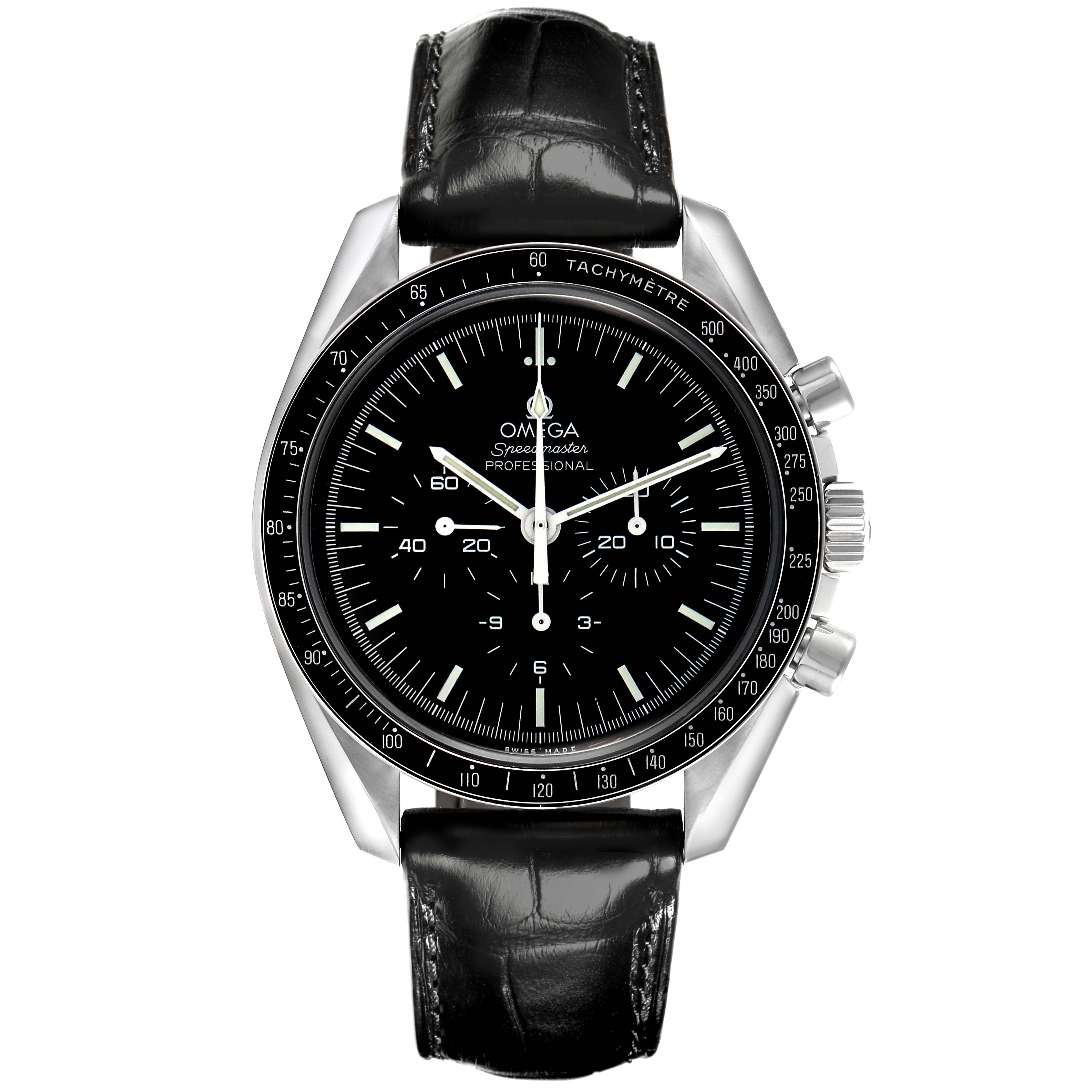 The Omega Speedmaster 3870.50.31 Men's Stainless Steel Black Dial 3870.50.31 Men's Stainless Steel Black Dial watch is shown from a front angle, displaying the dial, tachymeter bezel, and leather strap.