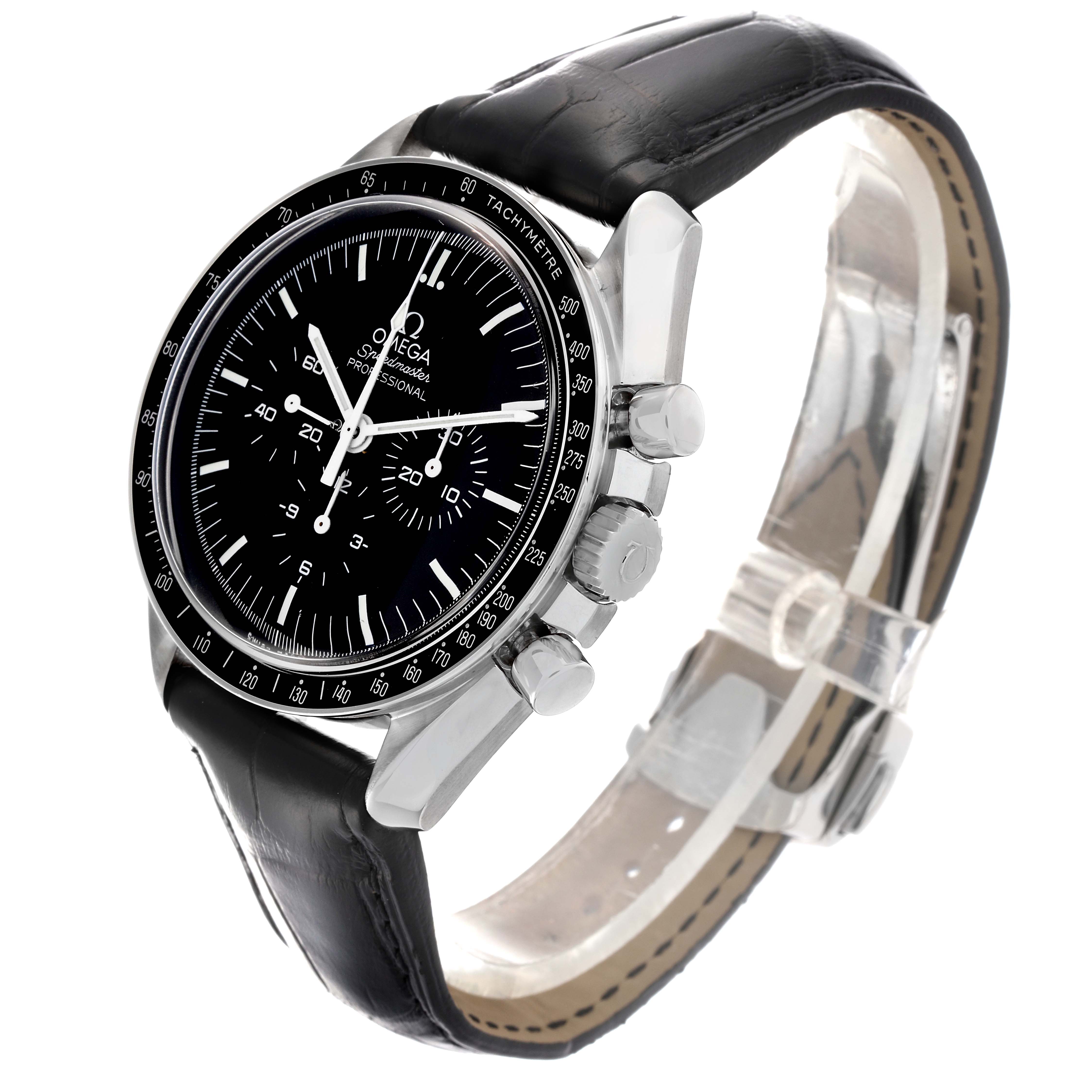 The Omega Speedmaster 3870.50.31 Men's Stainless Steel Black Dial 3870.50.31 Men's Stainless Steel Black Dial is shown at a three-quarter angle, highlighting the watch face, bezel, crown, pushers, and leather strap.
